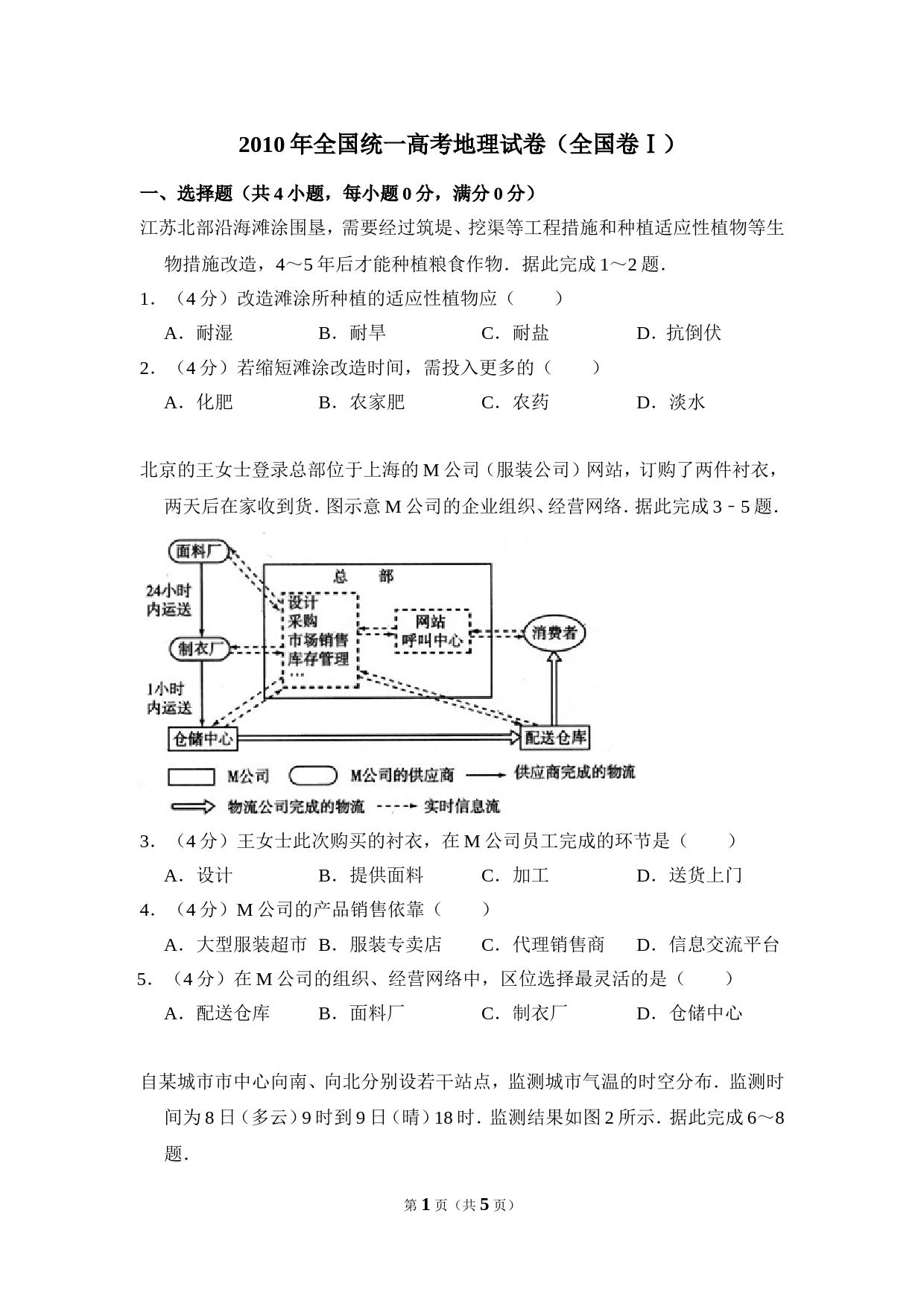 【中小学教辅资源店】2010年全国统一高考地理试卷（全国卷ⅰ）（原卷版）_第1页