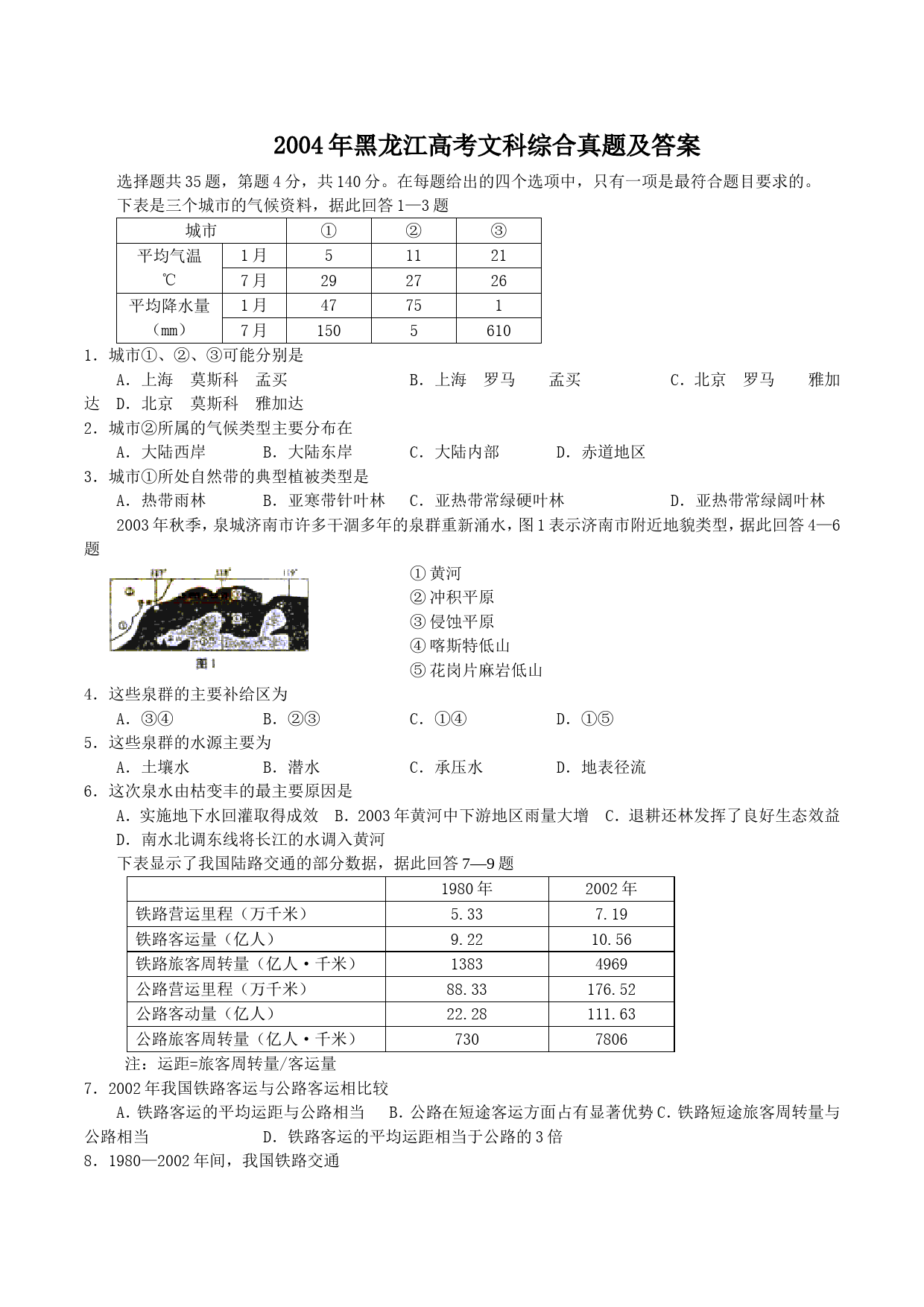 2004年黑龙江高考文科综合真题及答案_第1页