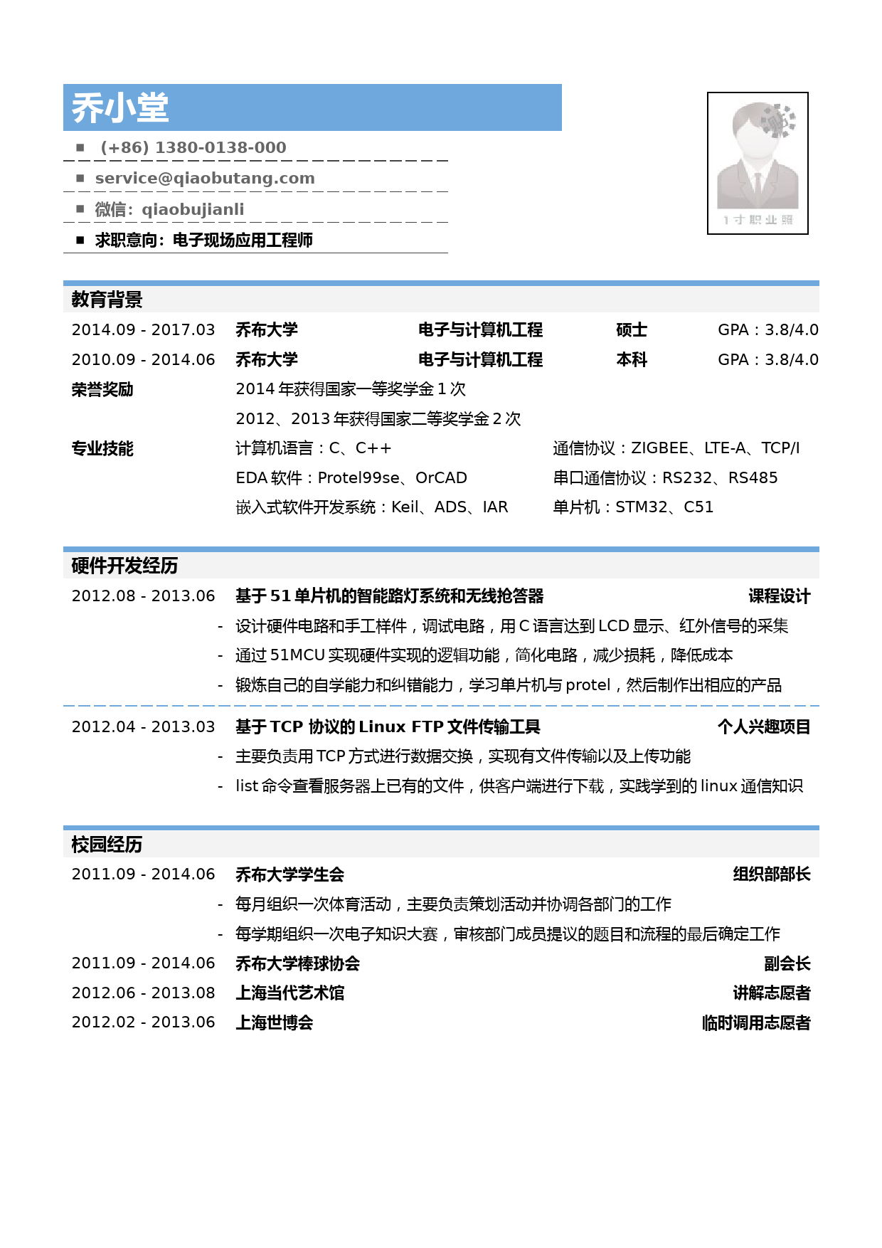 电子现场应用工程师岗位个人简历模板_第1页