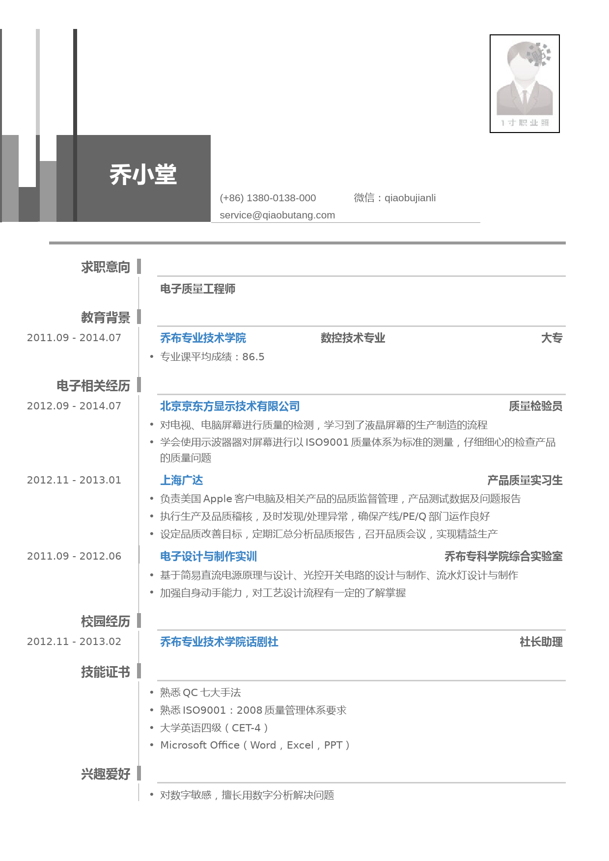 电子质量工程师岗位个人简历模板_第1页