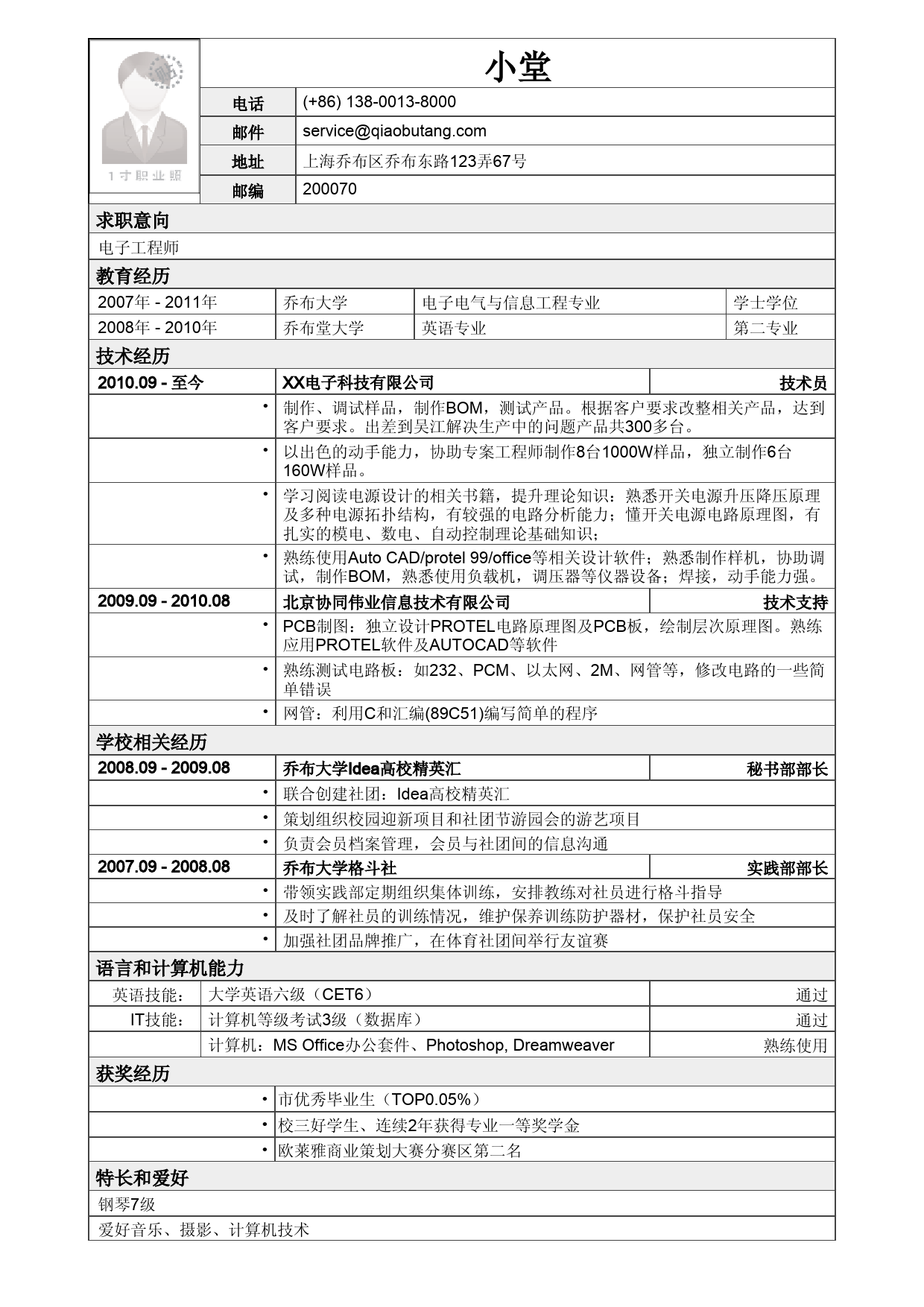 应聘电子工程师岗位简历模板_第1页