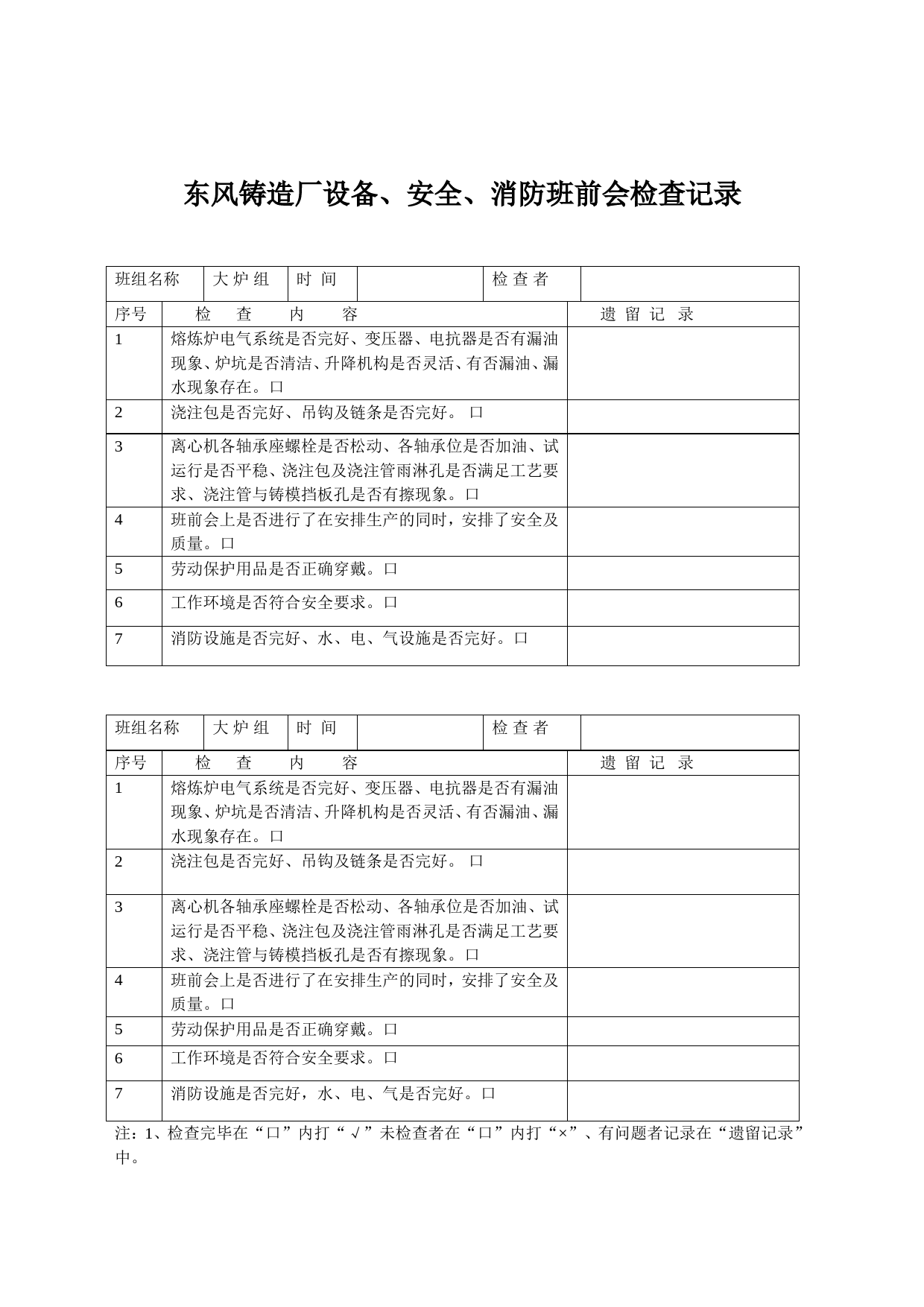 东风铸造厂设备、安全、消防班前会检查记录_第1页