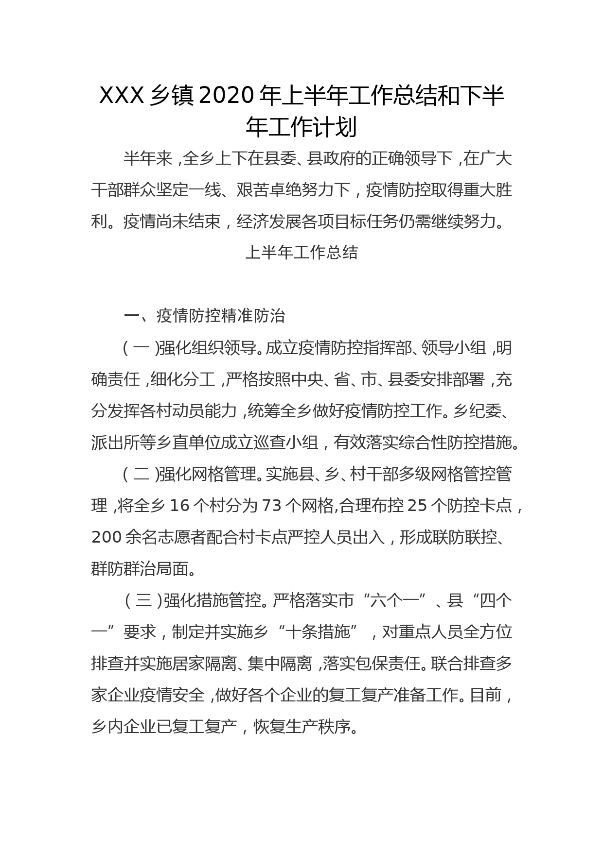 XXX乡镇2020年上半年工作总结和下半年工作计划_第1页