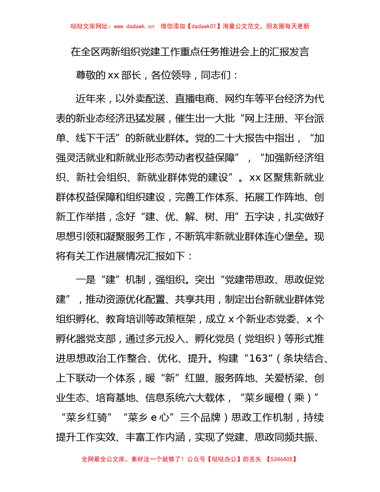 在全区两新组织党建工作重点任务推进会上的汇报发言【哒哒】_第1页