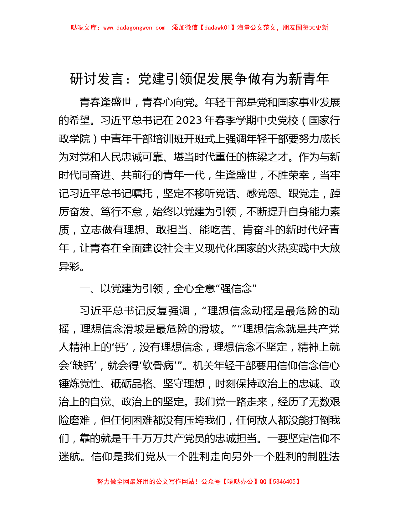 研讨发言：党建引领促发展 争做有为新青年_第1页