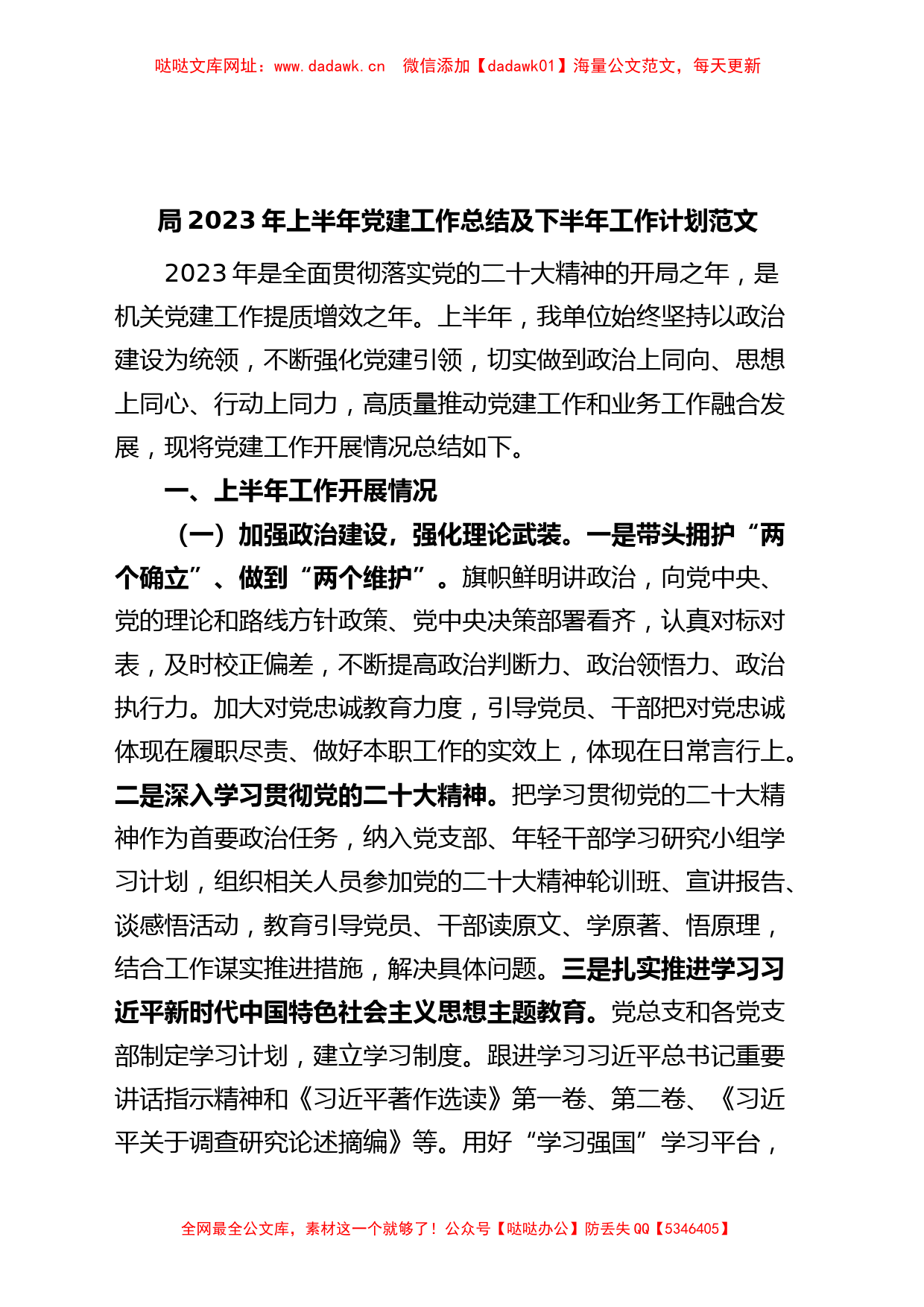 局2023年上半年党建工作总结及下半年计划（汇报报告）【哒哒】_第1页