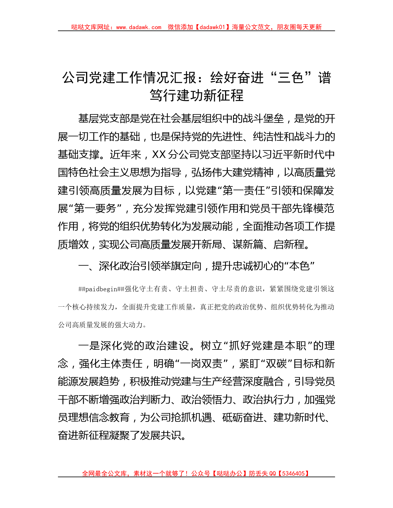 公司党建工作情况汇报：绘好奋进“三色”谱 笃行建功新征程_第1页