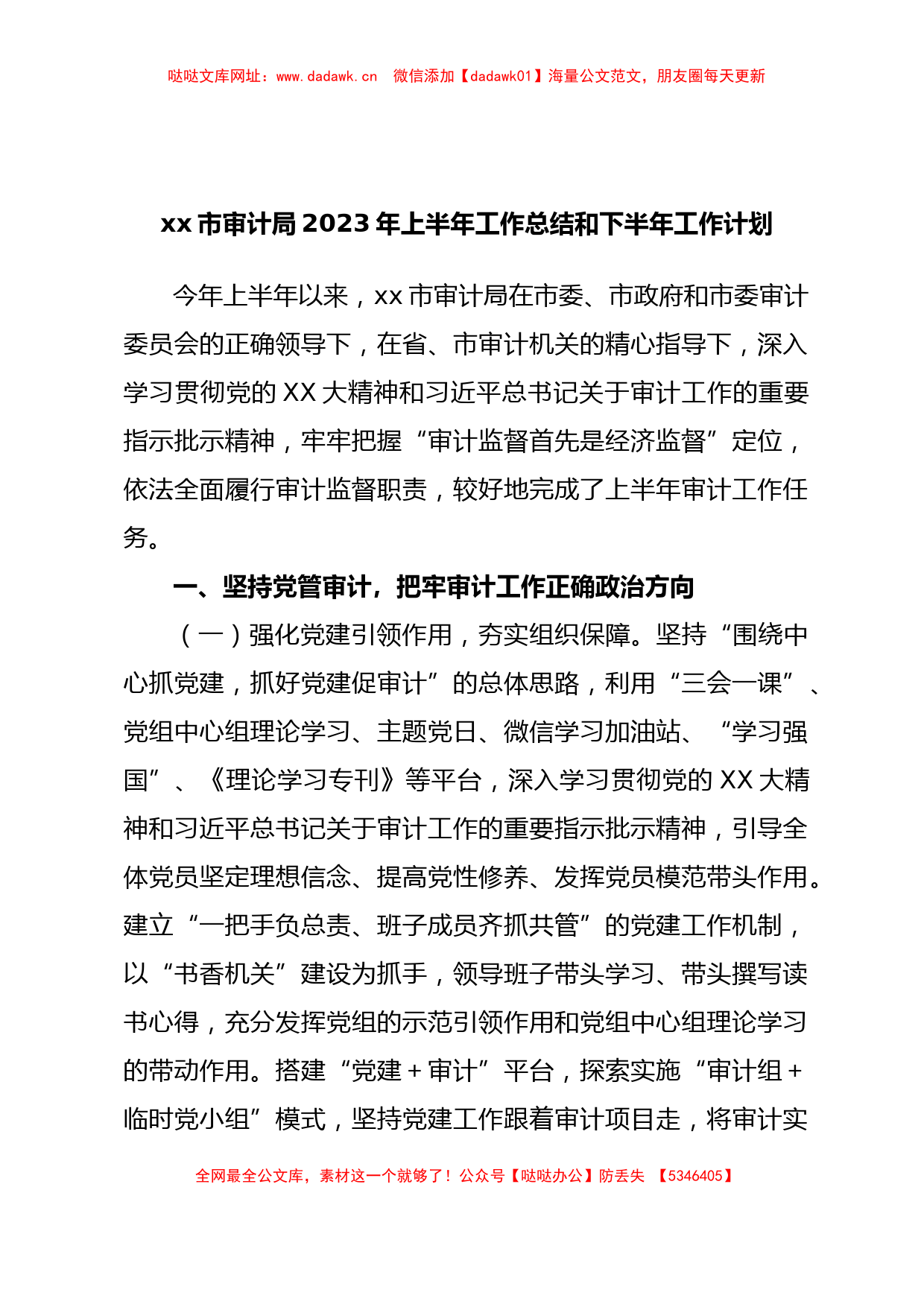 xx市审计局2023年上半年工作总结和下半年工作计划【哒哒】_第1页