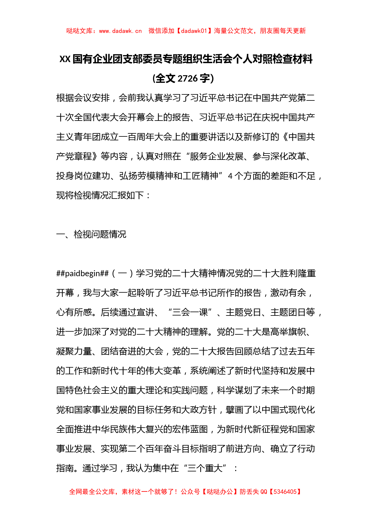 XX国有企业团支部委员专题组织生活会个人对照检查材料(全文2726字）_第1页