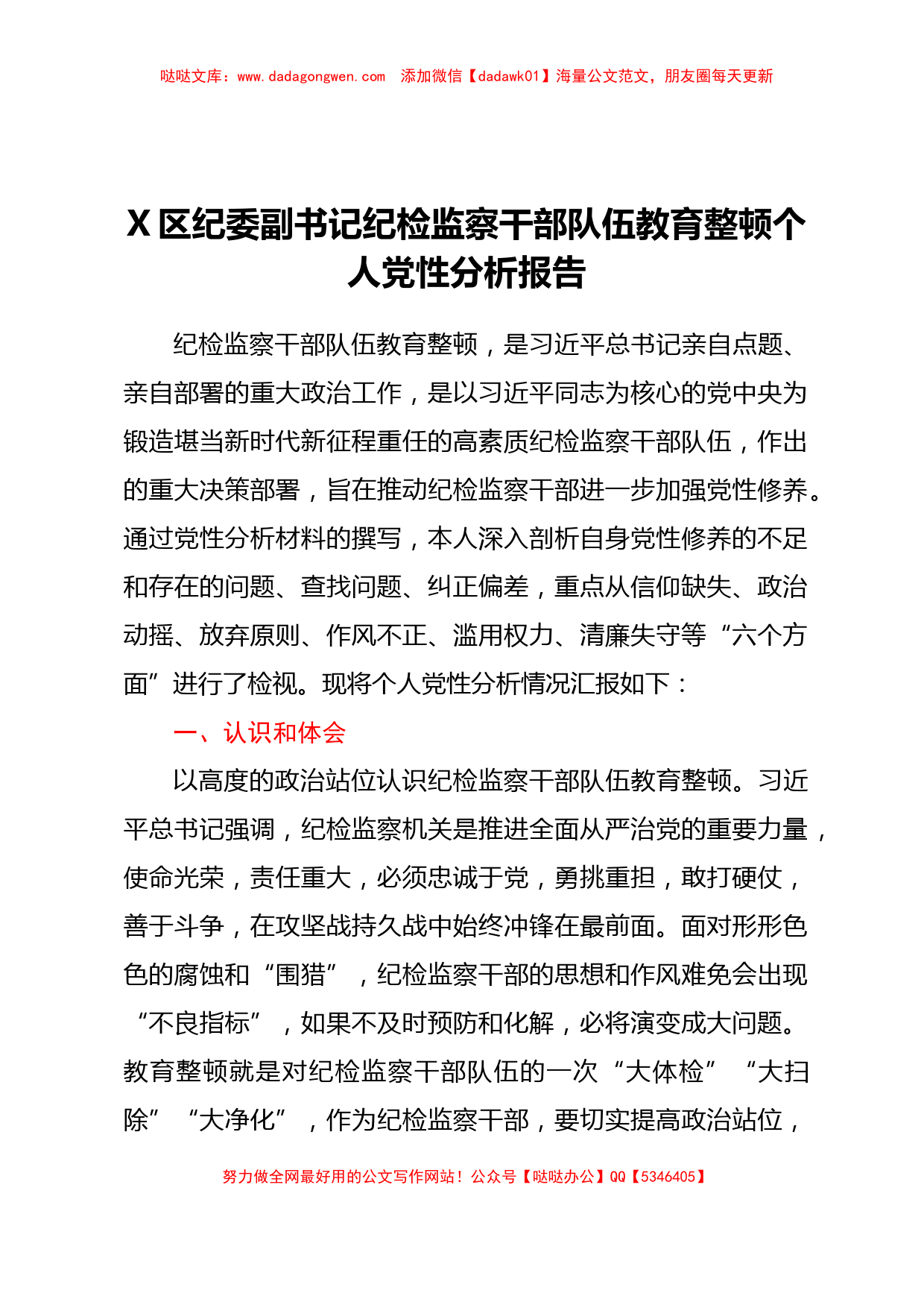 X区纪委副书记纪检监察干部队伍教育整顿个人党性分析报告_第1页