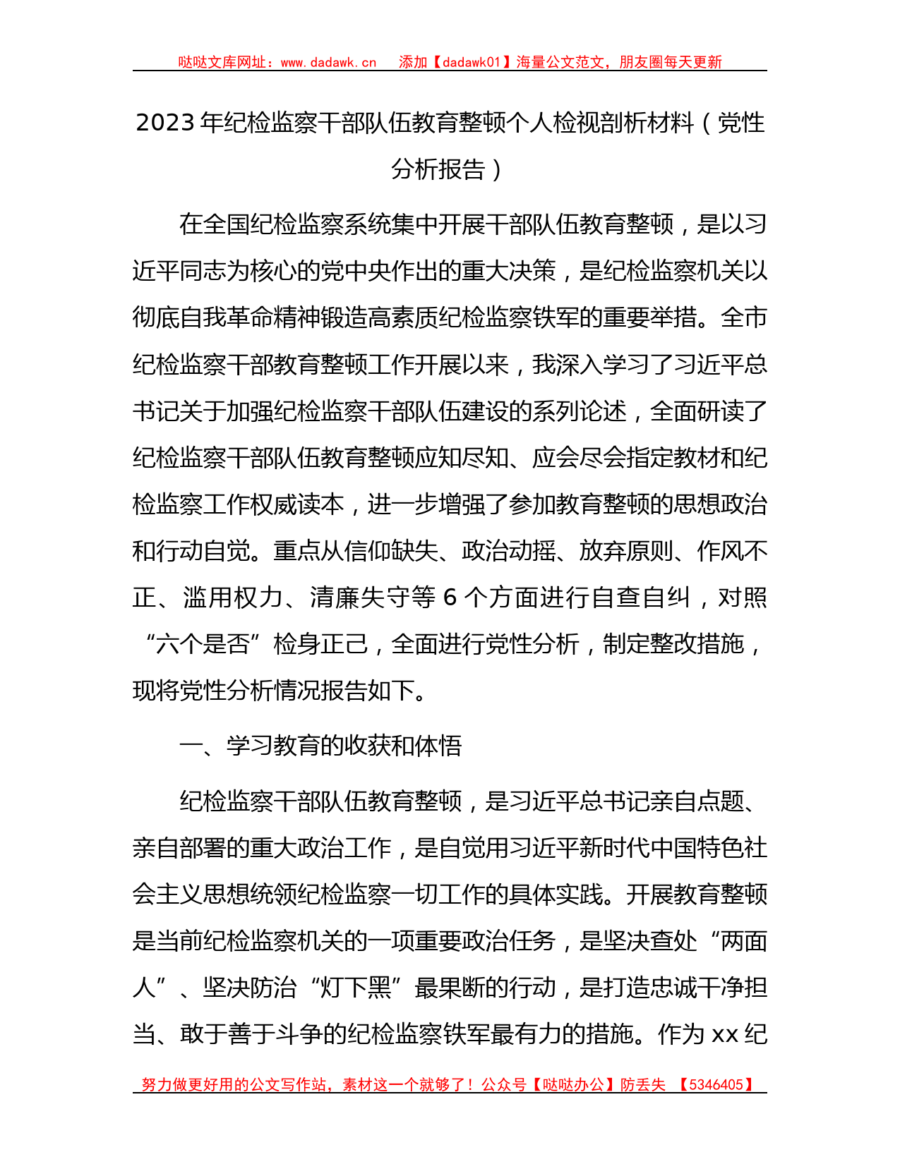 纪检监察干部队伍教育整顿个人检视剖析4600字（党性分析报告）_第1页