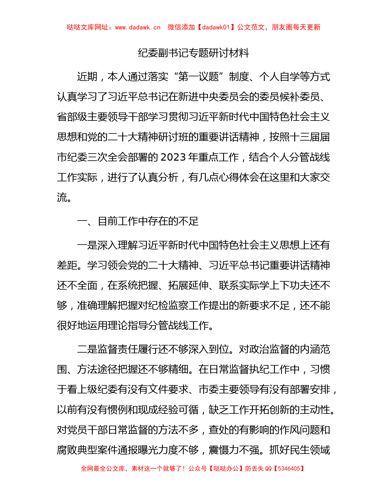 纪委副书记2023年专题研讨发言（个人剖析）【哒哒】_第1页