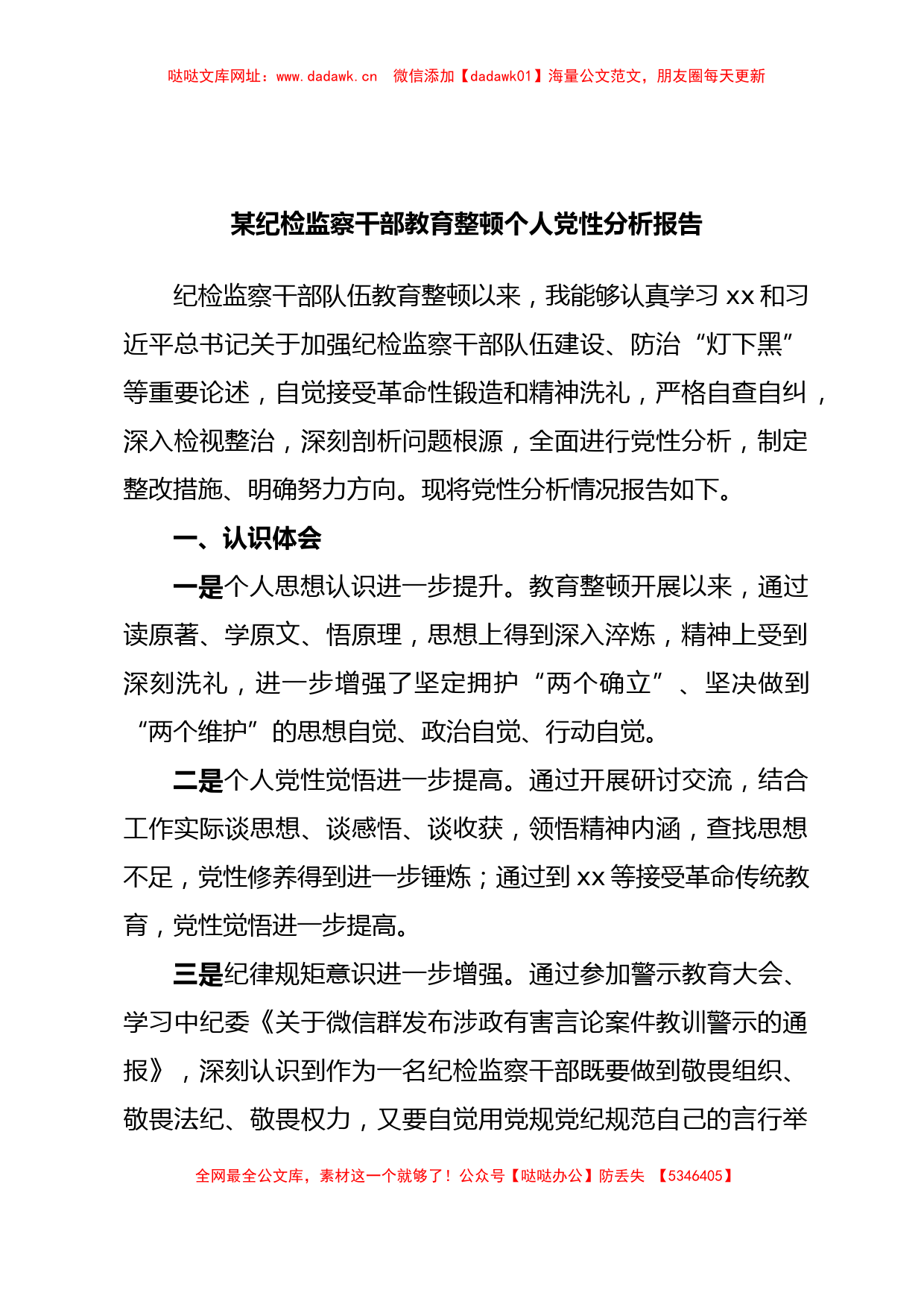 某纪检监察干部教育整顿个人党性分析报告【哒哒】_第1页