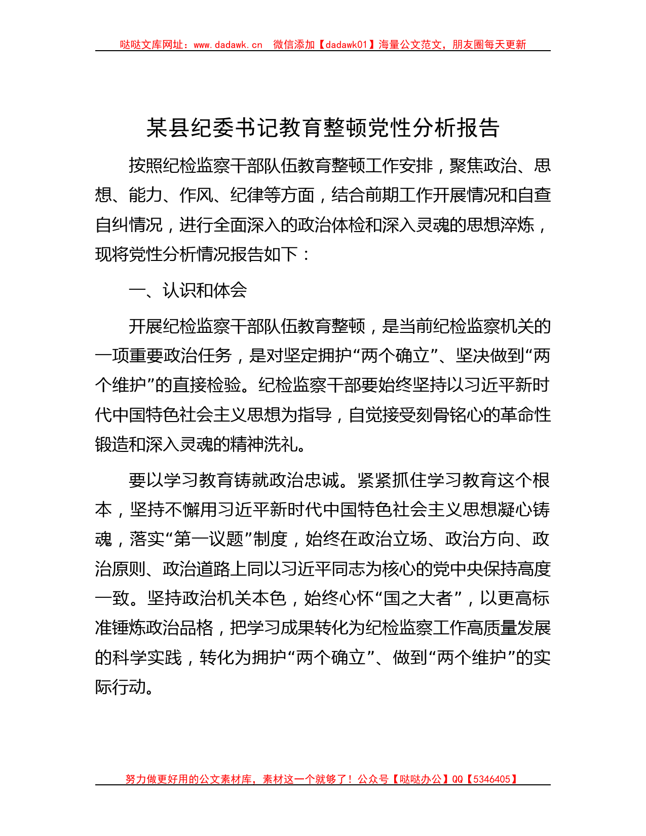 某县纪委书记教育整顿党性分析报告_第1页