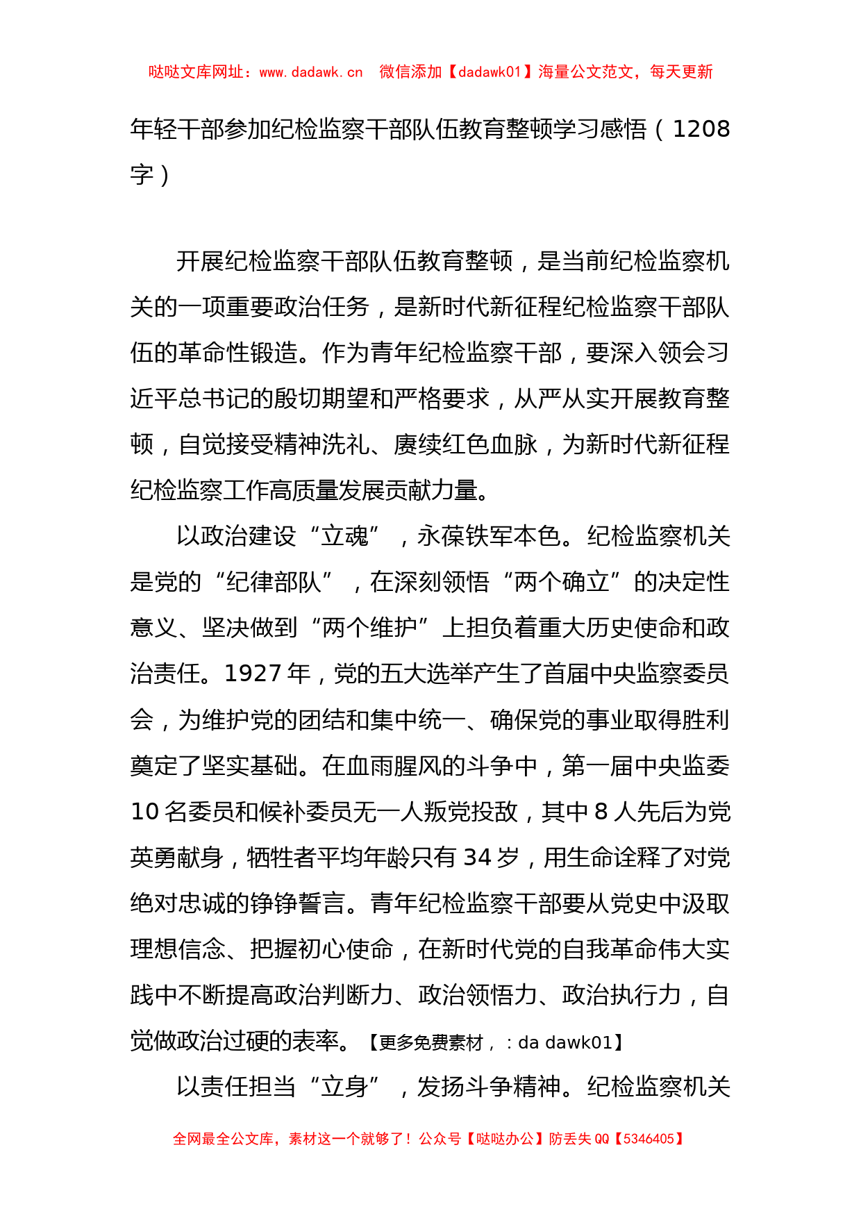 年轻干部参加纪检监察干部队伍教育整顿学习感悟(1)【哒哒】_第1页