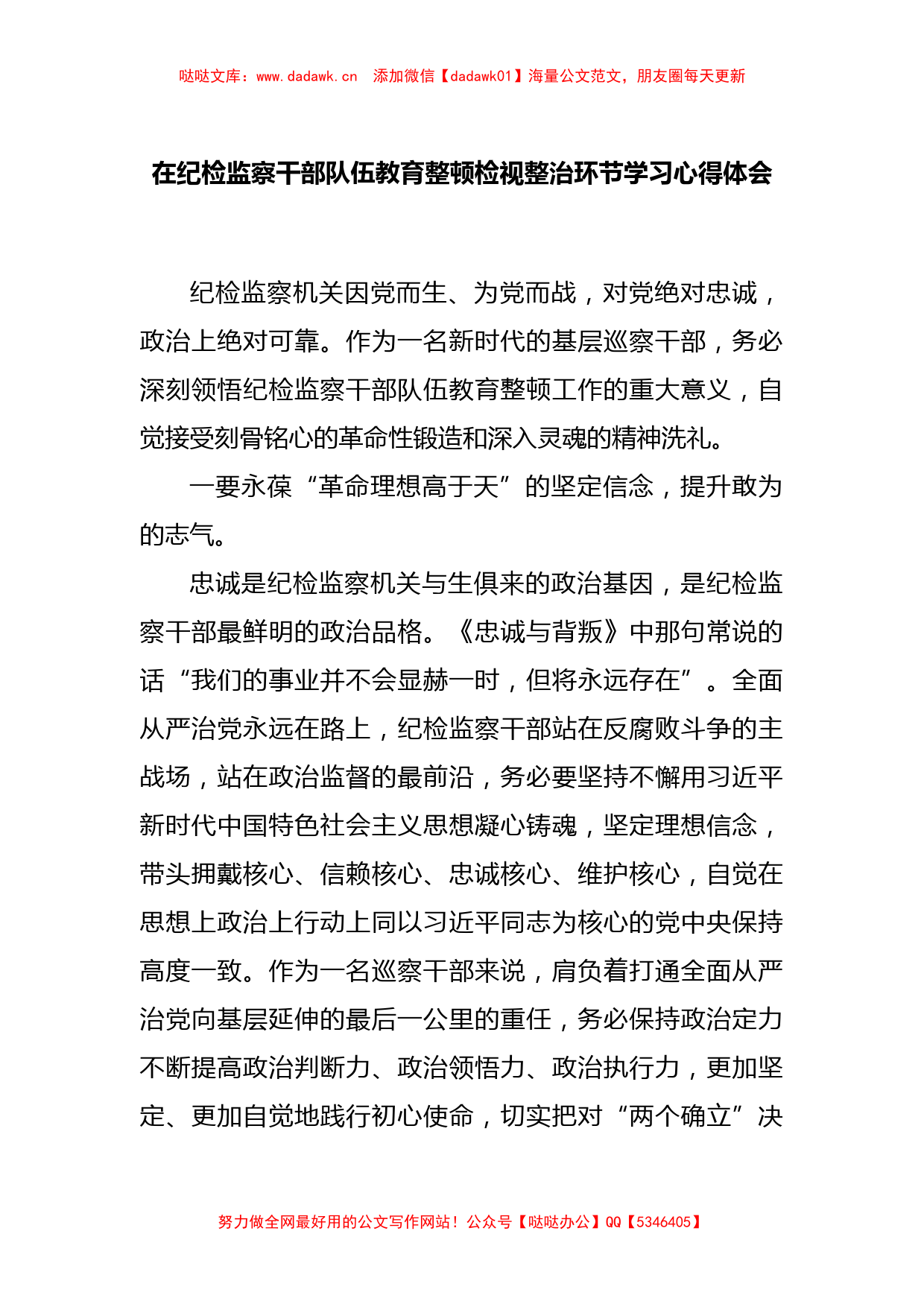 在纪检监察干部队伍教育整顿检视整治环节学习心得体会_第1页