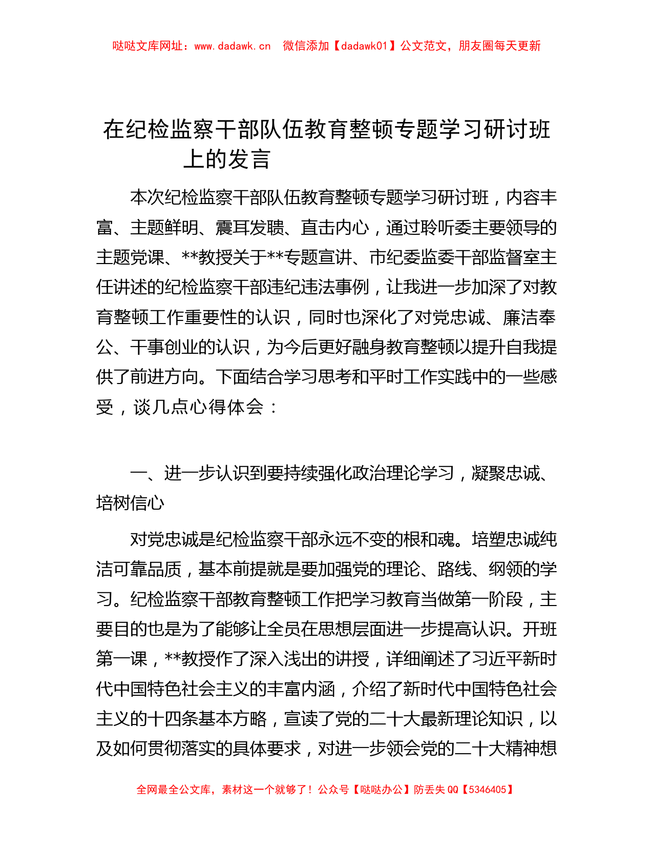 在纪检监察干部队伍教育整顿专题学习研讨班上的发言 【哒哒】_第1页