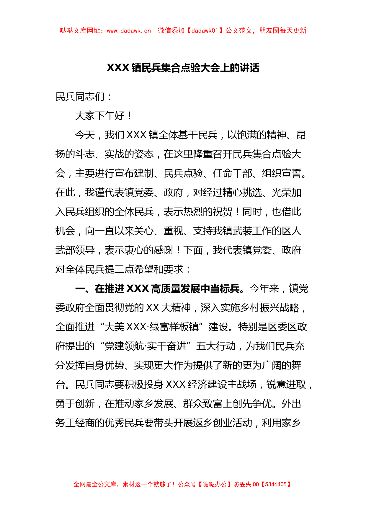 XXX镇民兵集合点验大会上的讲话【哒哒】_第1页