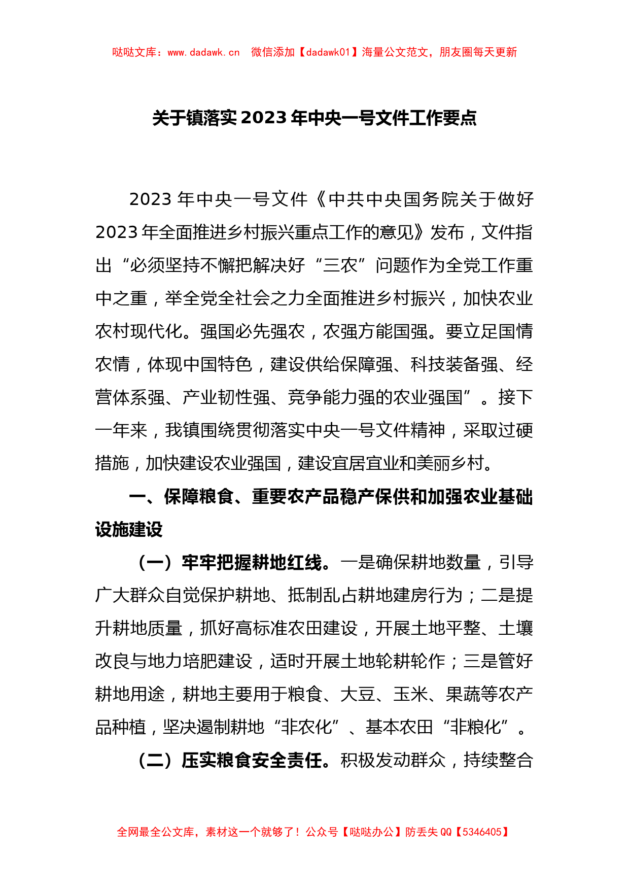 关于镇落实2023年中央一号文件工作要点_第1页