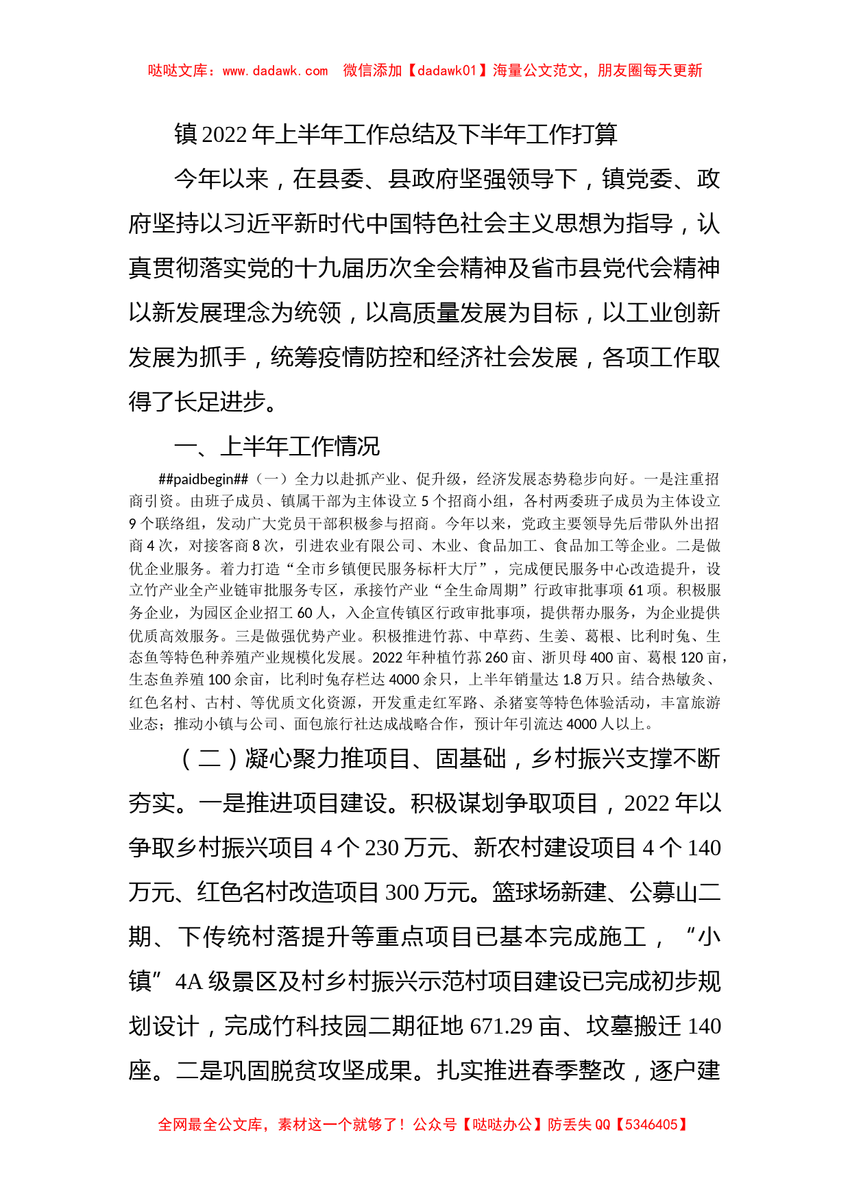 镇2022年上半年工作总结及下半年工作打算_第1页