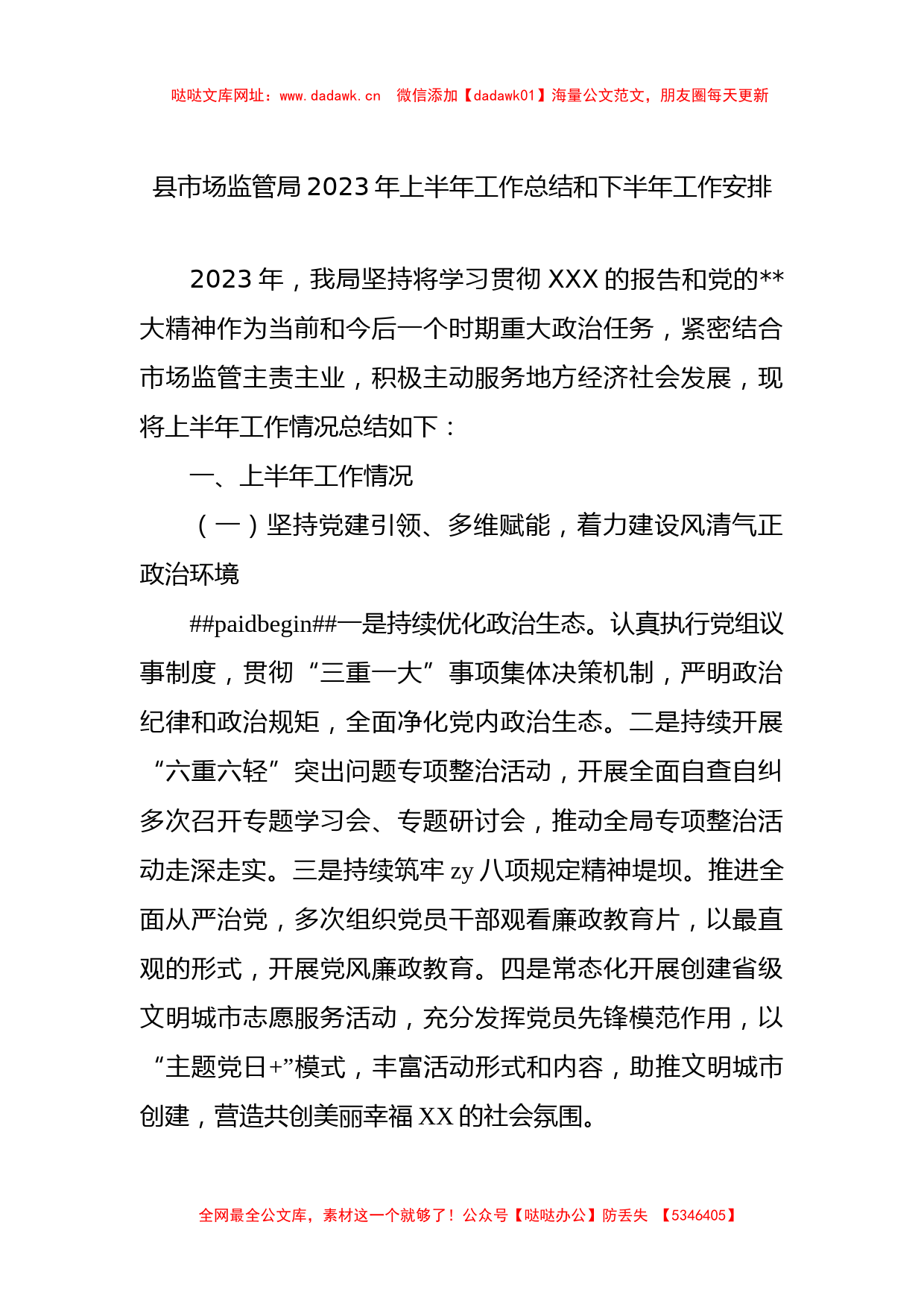 县市场监管局2023年上半年工作总结和下半年工作安排【哒哒】_第1页