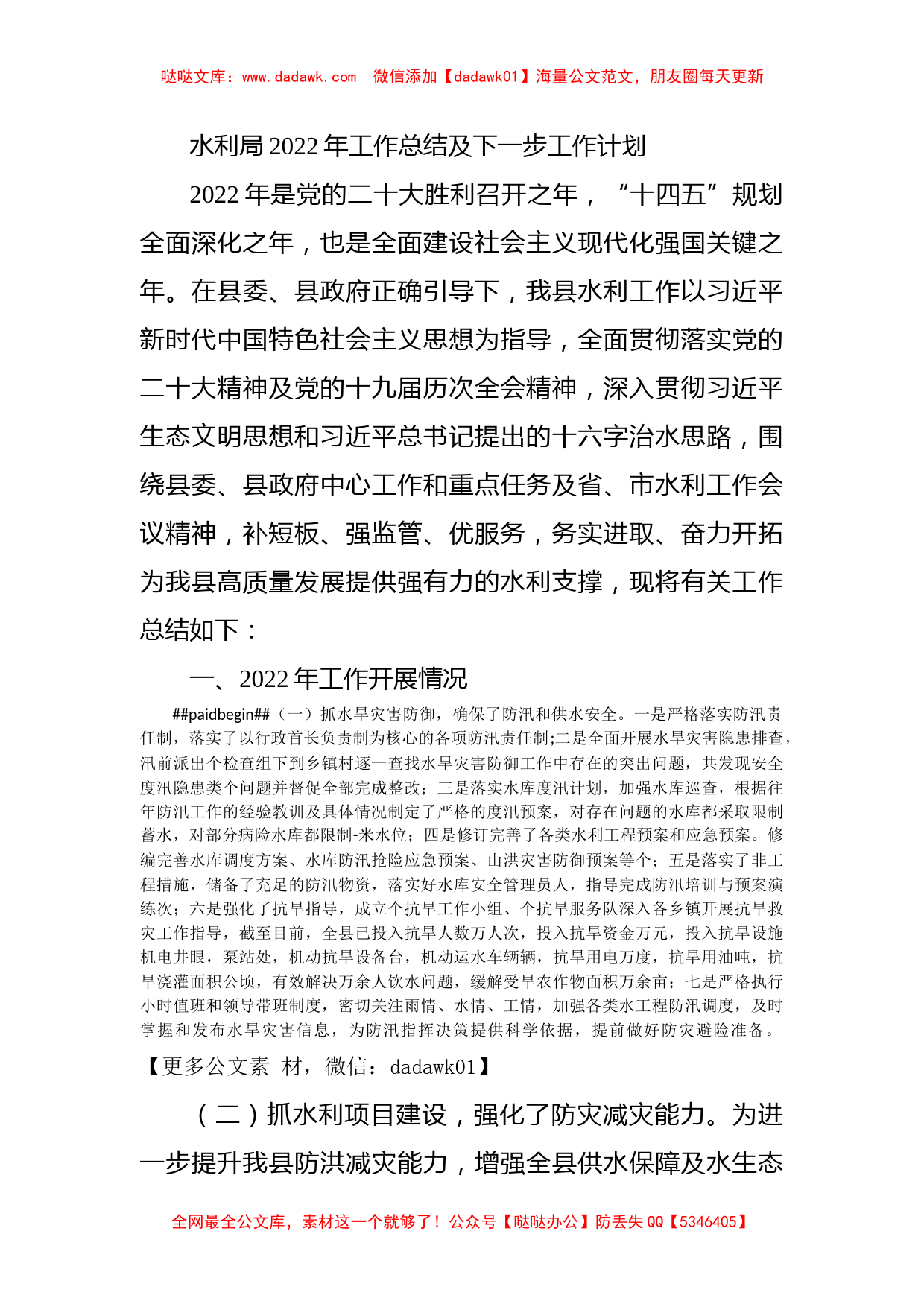 水利局2022年工作总结及下一步工作计划_第1页