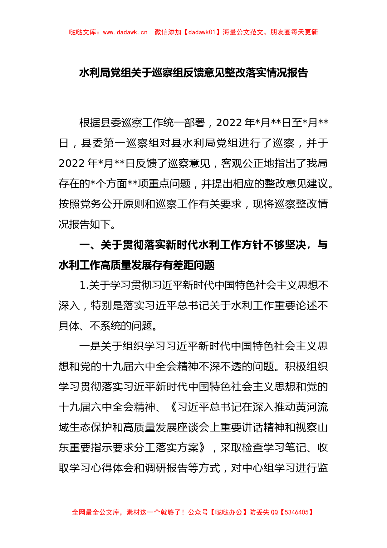 水利局党组关于巡察组反馈意见整改落实情况报告_第1页