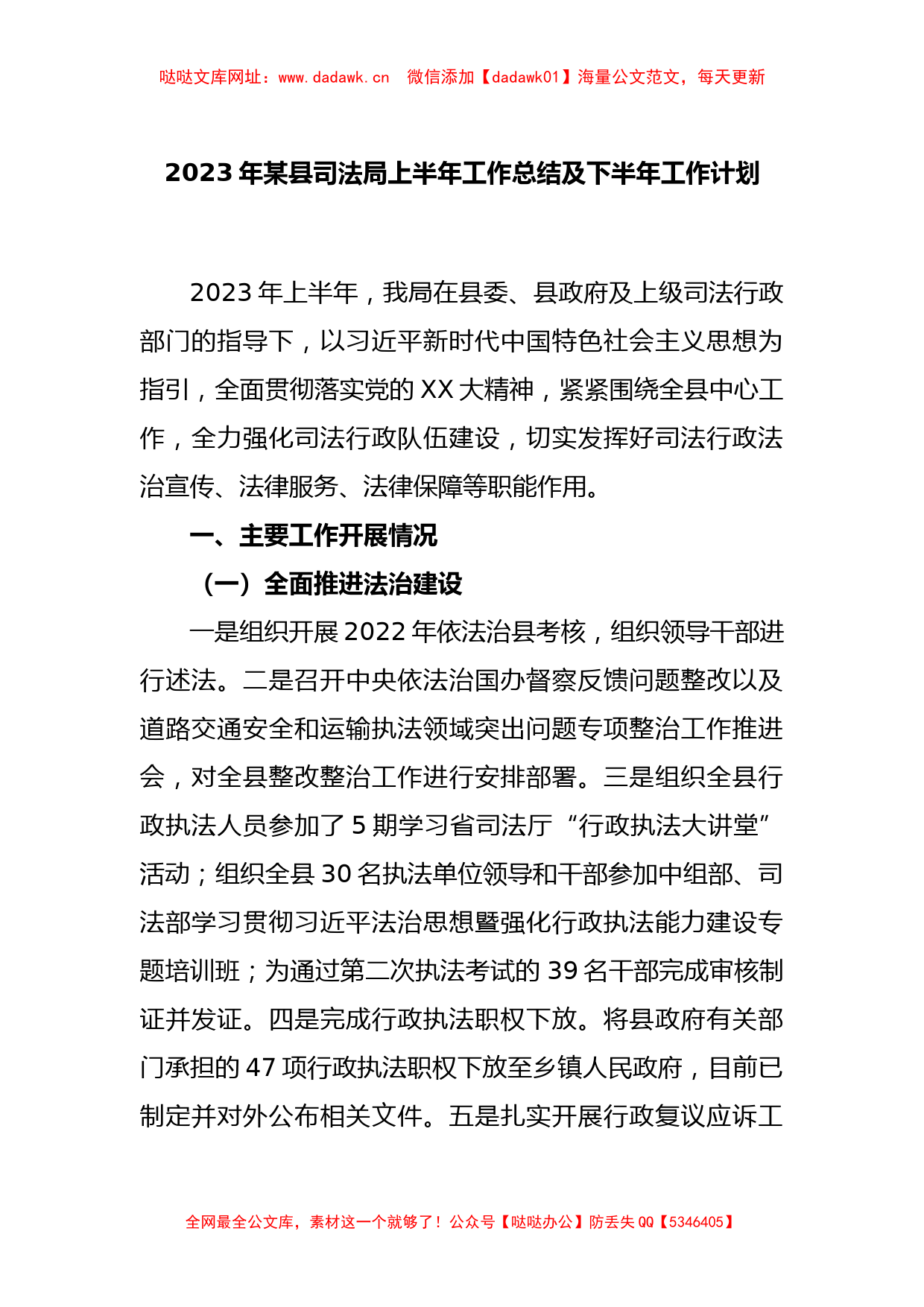 2023年某县司法局上半年工作总结及下半年工作计划【哒哒】_第1页