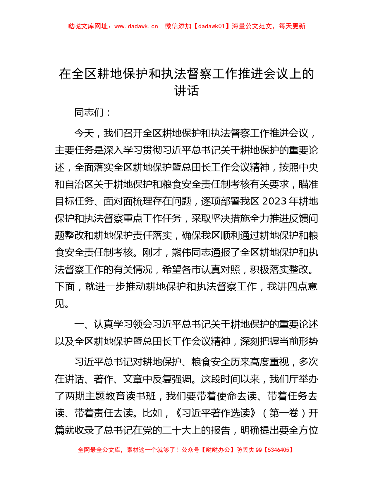 在全区耕地保护和执法督察工作推进会议上的讲话【哒哒】_第1页