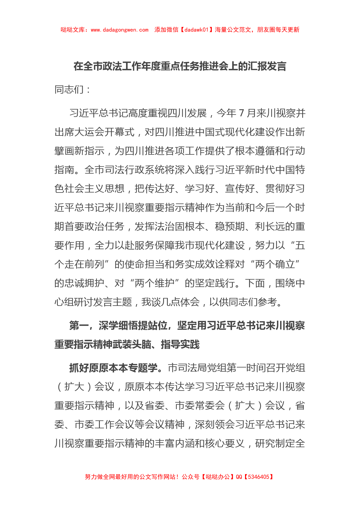 在全市政法工作年度重点任务推进会上的汇报发言_第1页