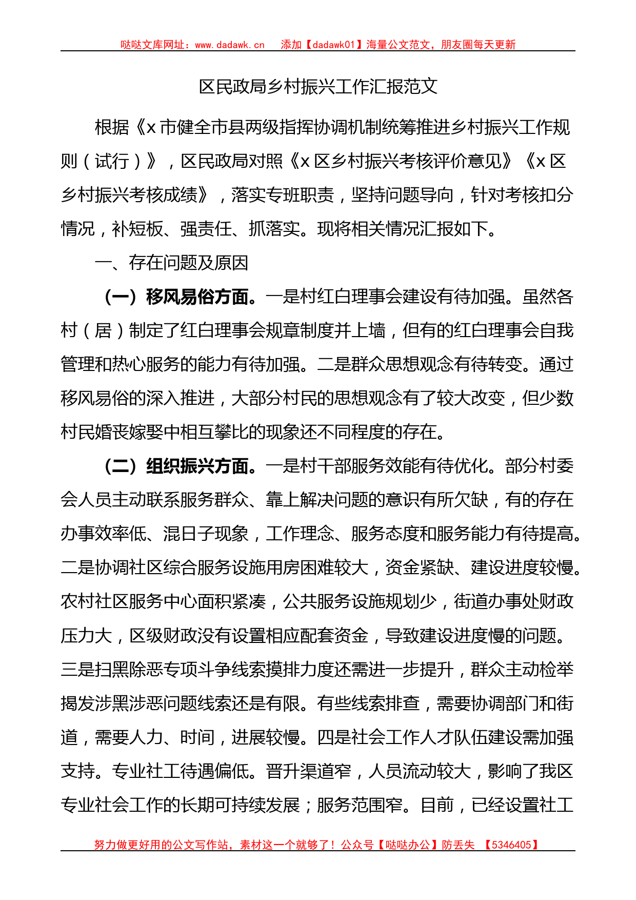 区民政局乡村振兴工作汇报范文存在问题原因打算工作总结报告_第1页