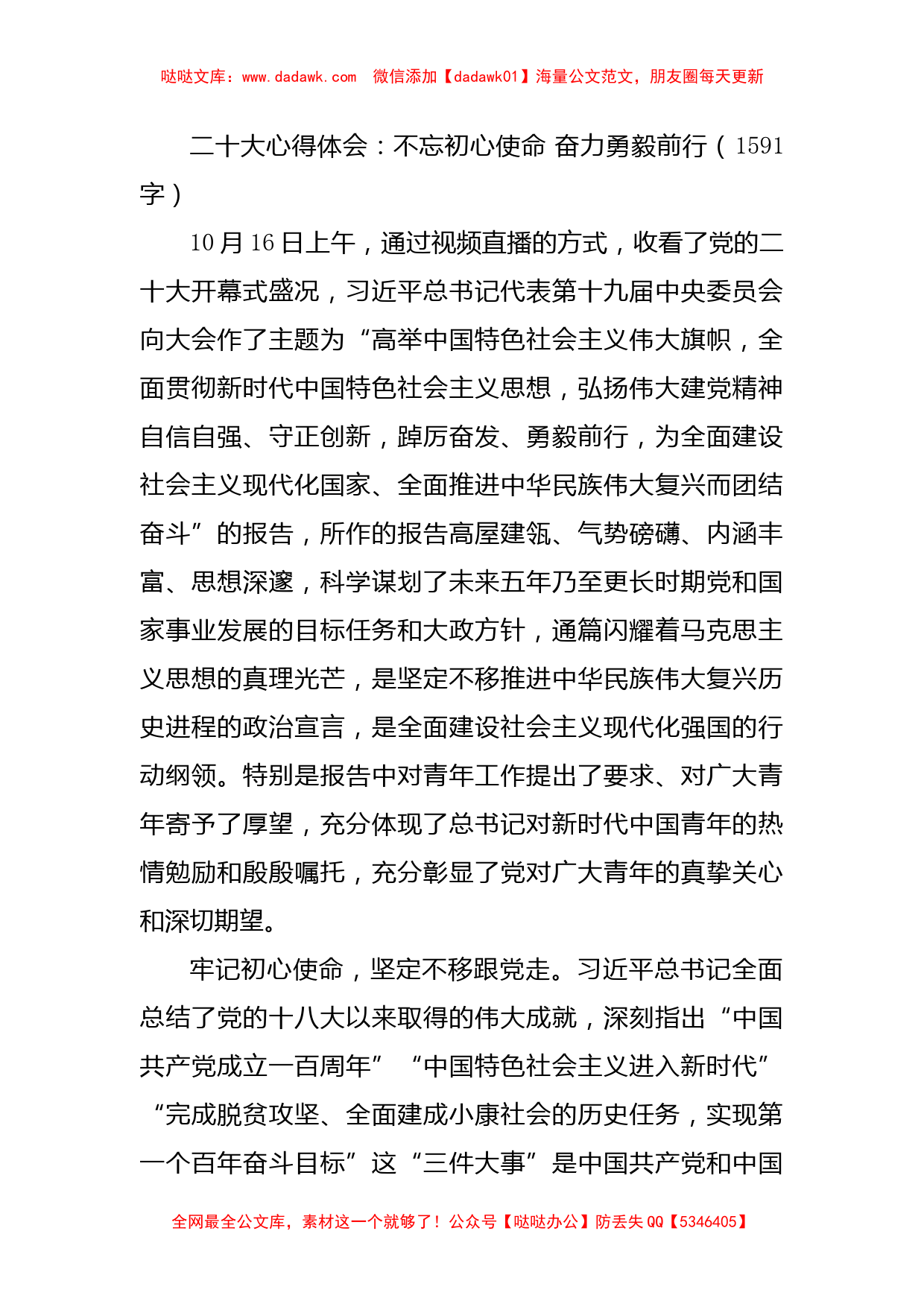 二十大心得体会：不忘初心使命 奋力勇毅前行_第1页