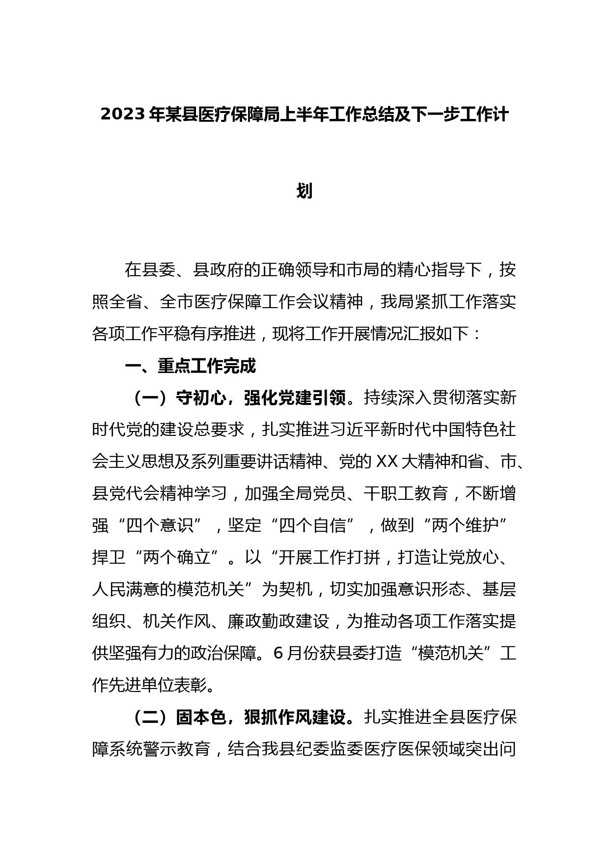 2023年某县医疗保障局上半年工作总结及下一步工作计划_第1页