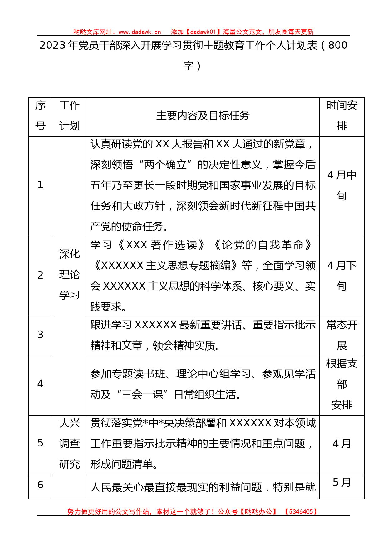 2023年党员干部深入开展学习贯彻主题教育工作个人计划表_第1页