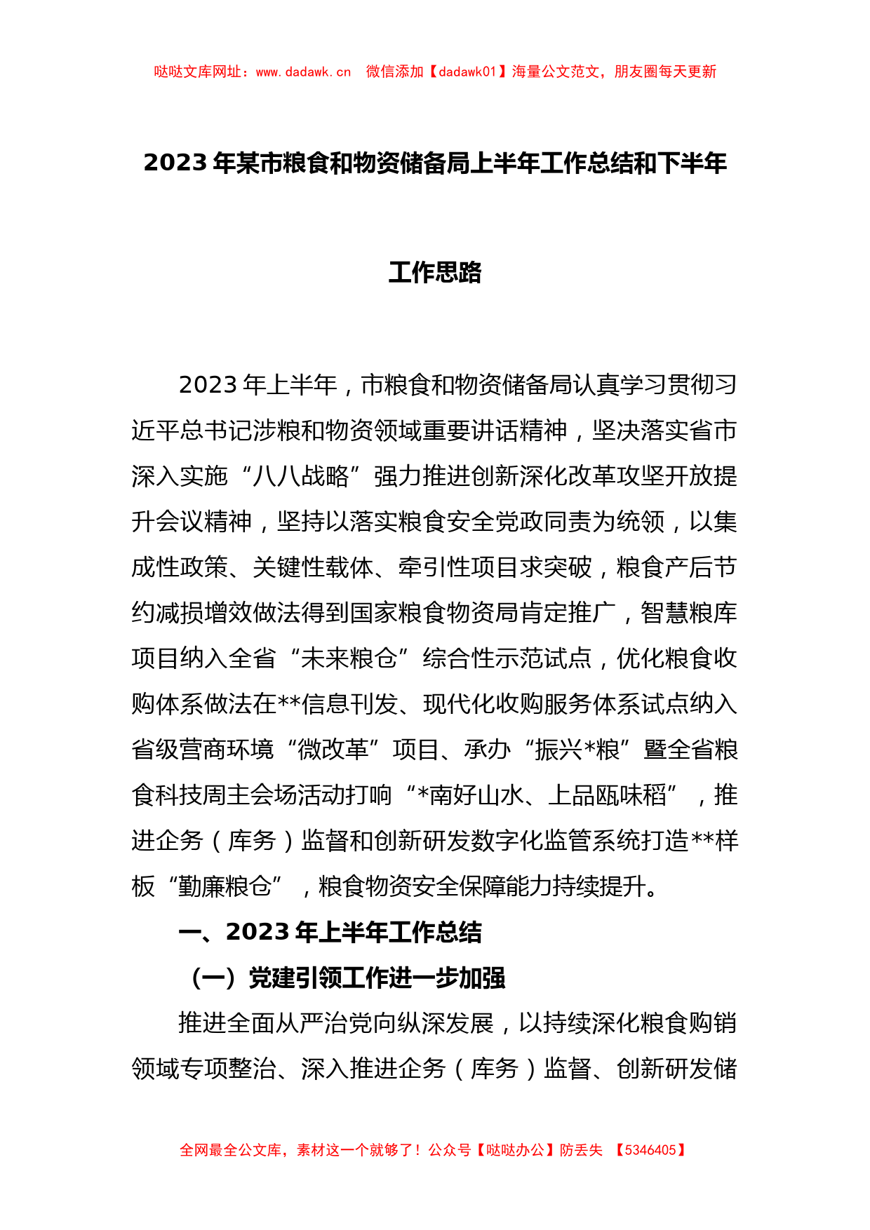 2023年某市粮食和物资储备局上半年工作总结和下半年工作思路【哒哒】_第1页