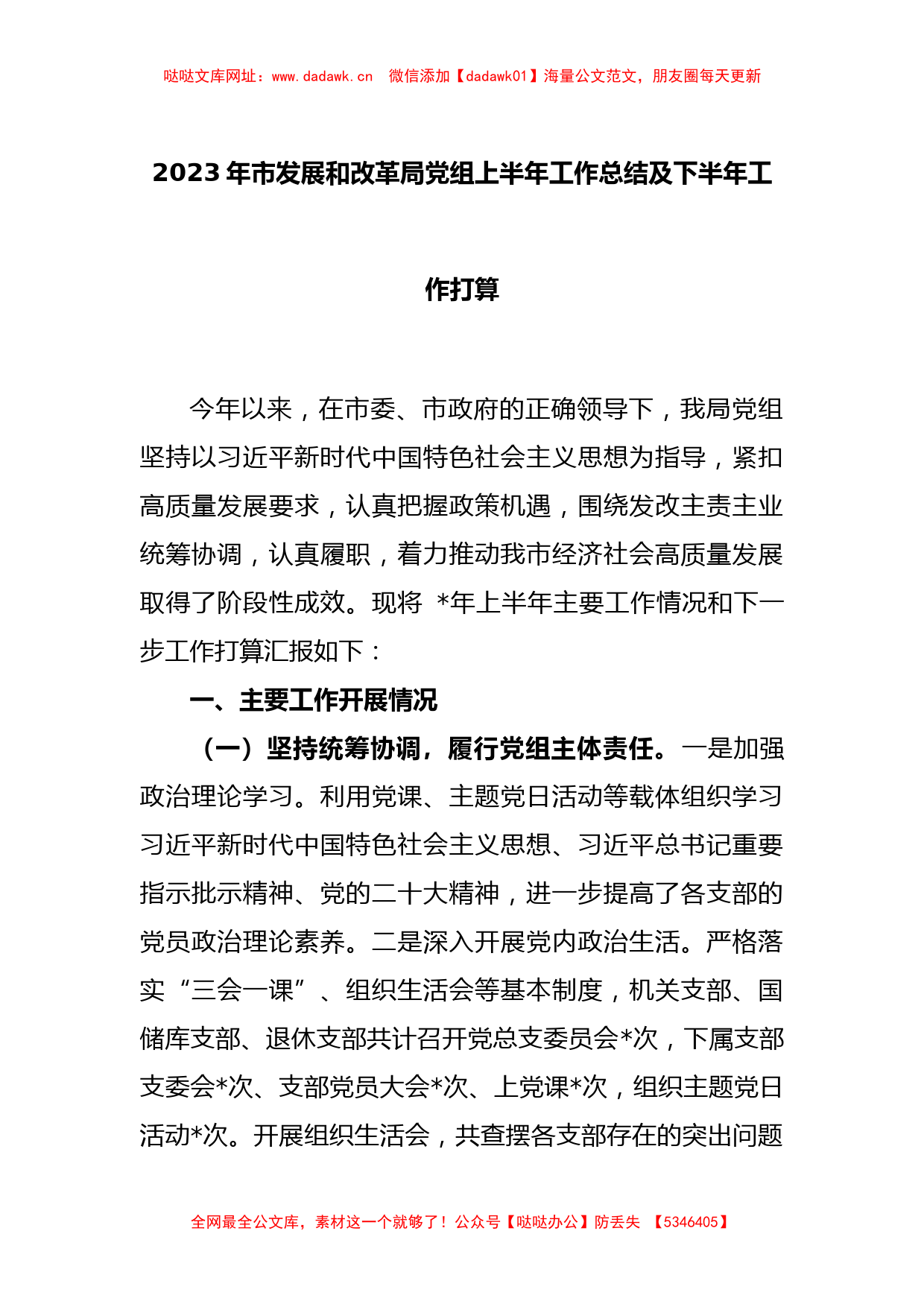 2023年市发展和改革局党组上半年工作总结及下半年工作打算【哒哒】_第1页