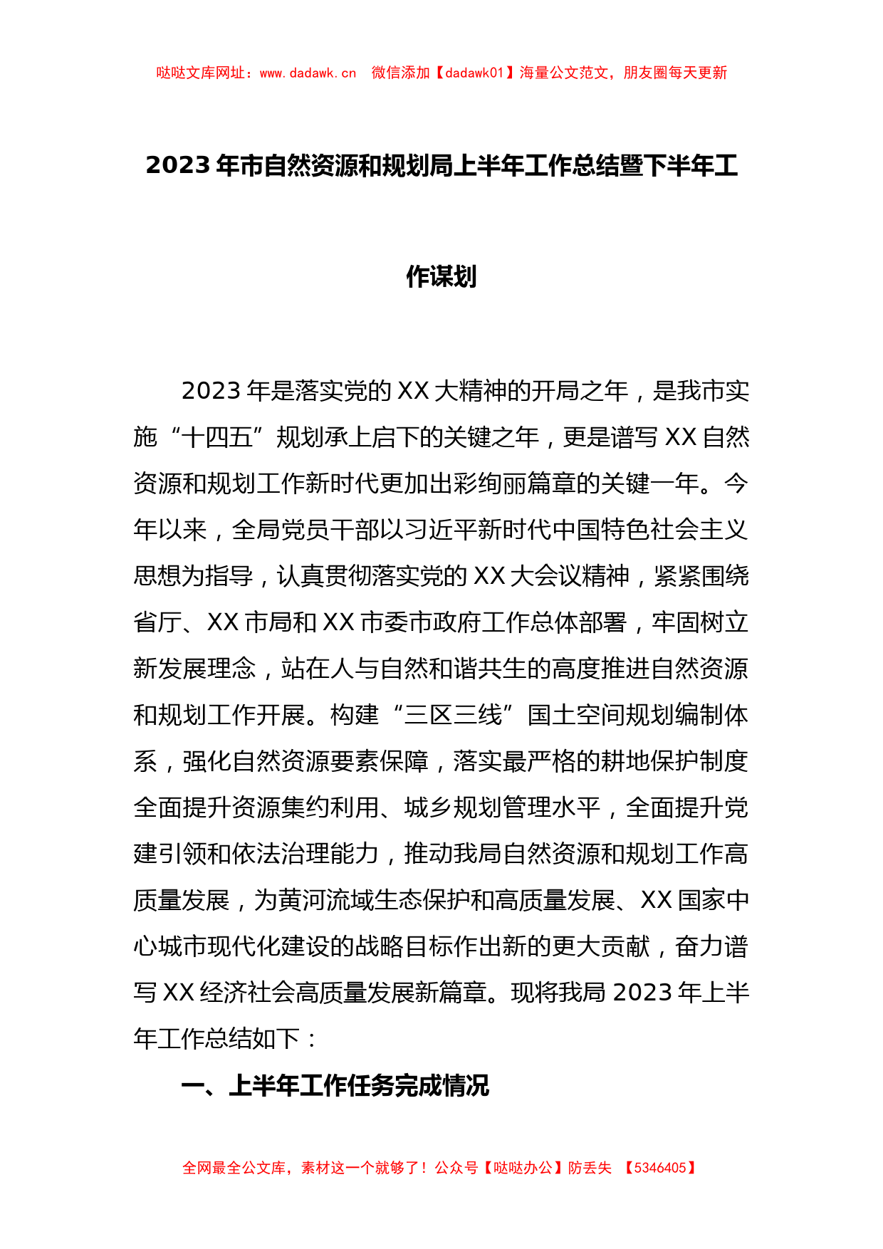 2023年市自然资源和规划局上半年工作总结暨下半年工作谋划【哒哒】_第1页