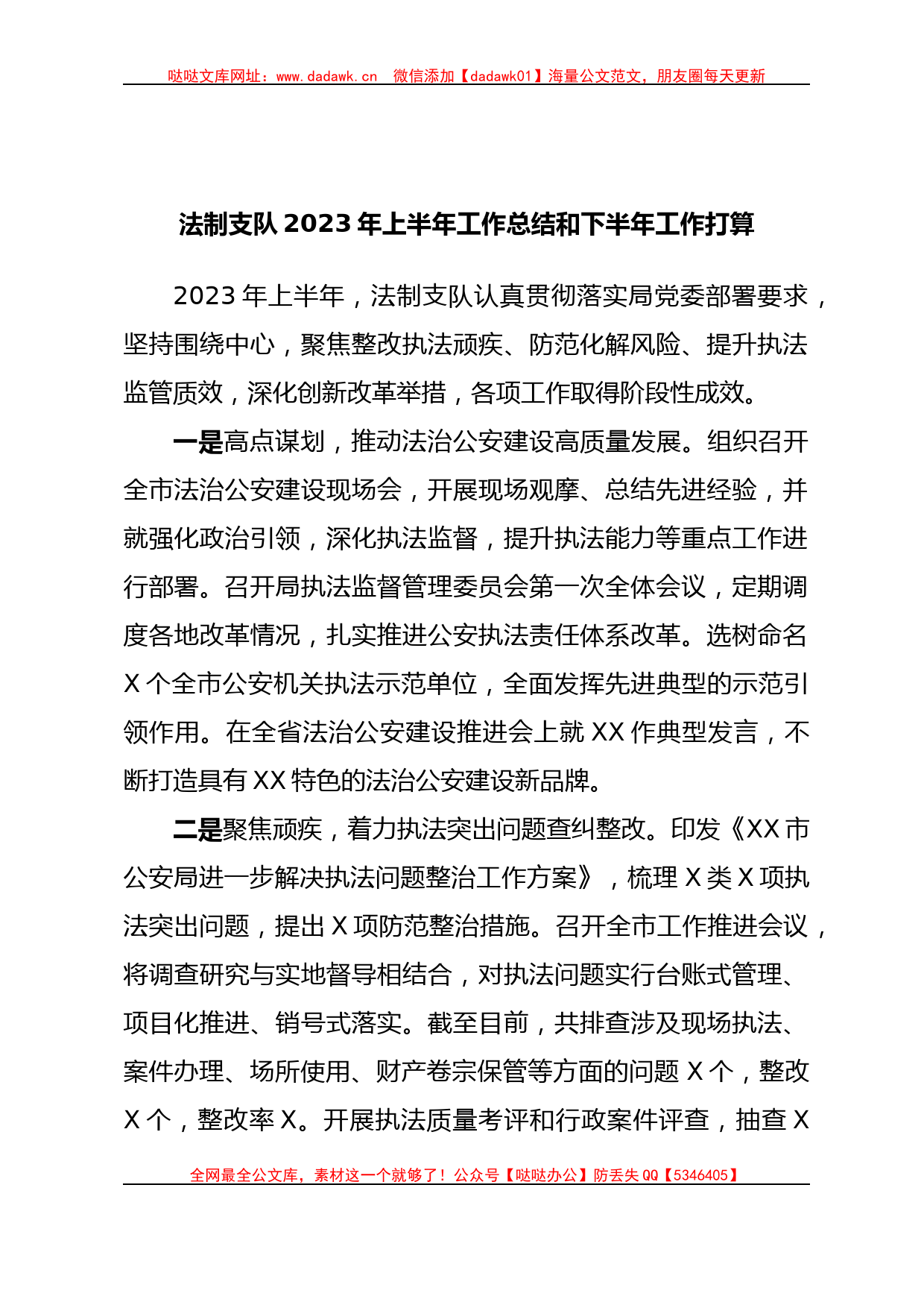 法制支队2023年上半年工作总结和下半年工作打算_第1页