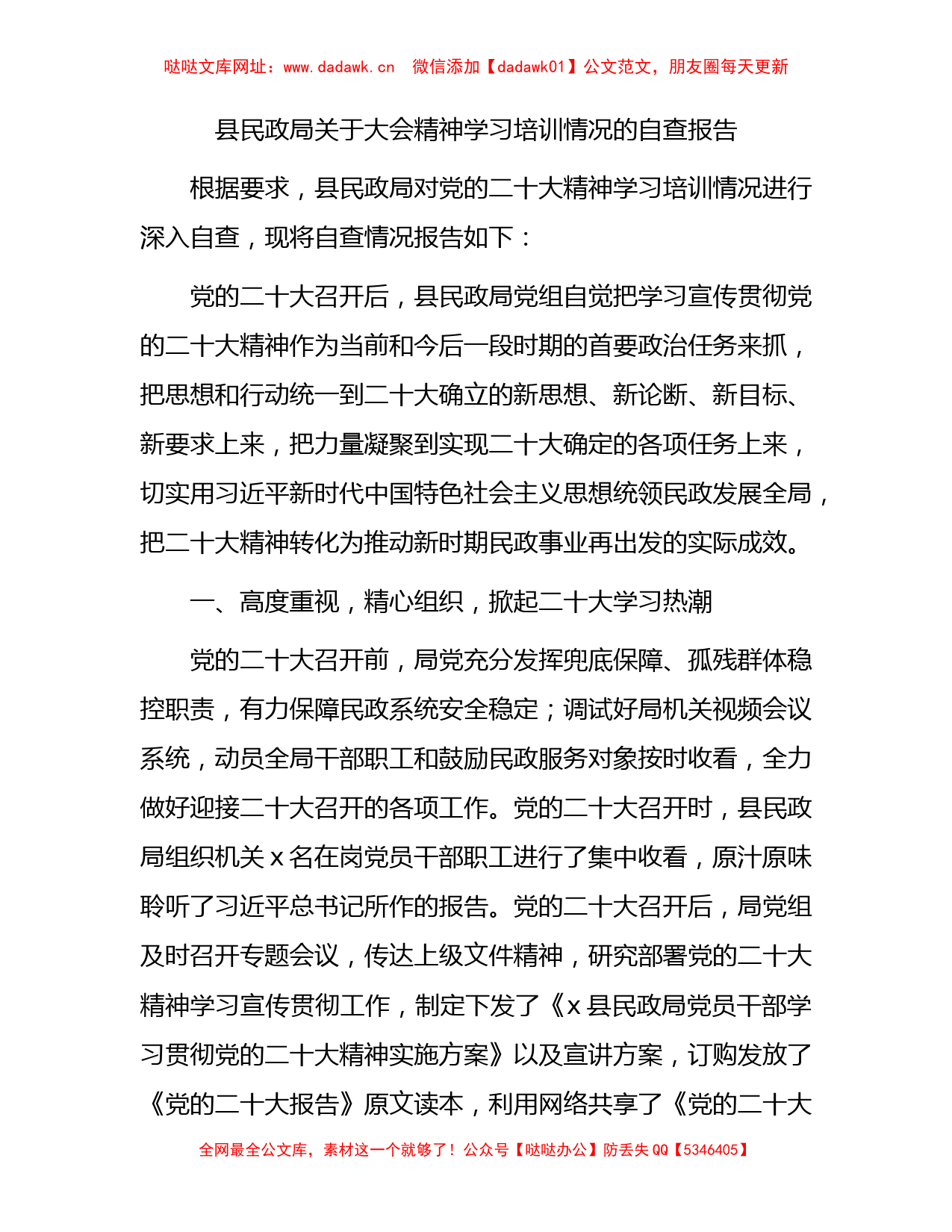 二十大精神学习培训情况的自查总结报告（民政2700字）【哒哒】_第1页