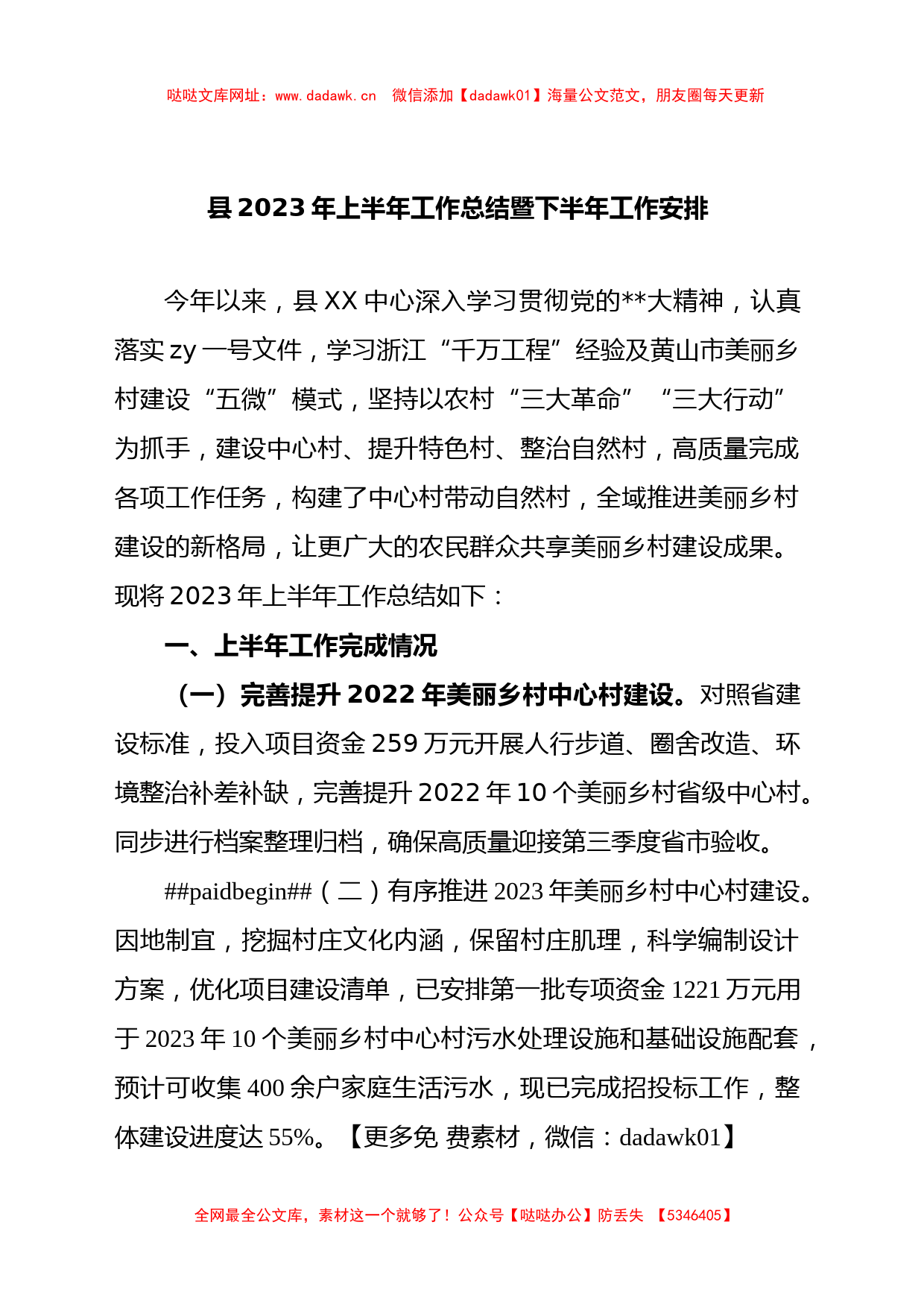 县2023年上半年工作总结暨下半年工作安排【哒哒】_第1页