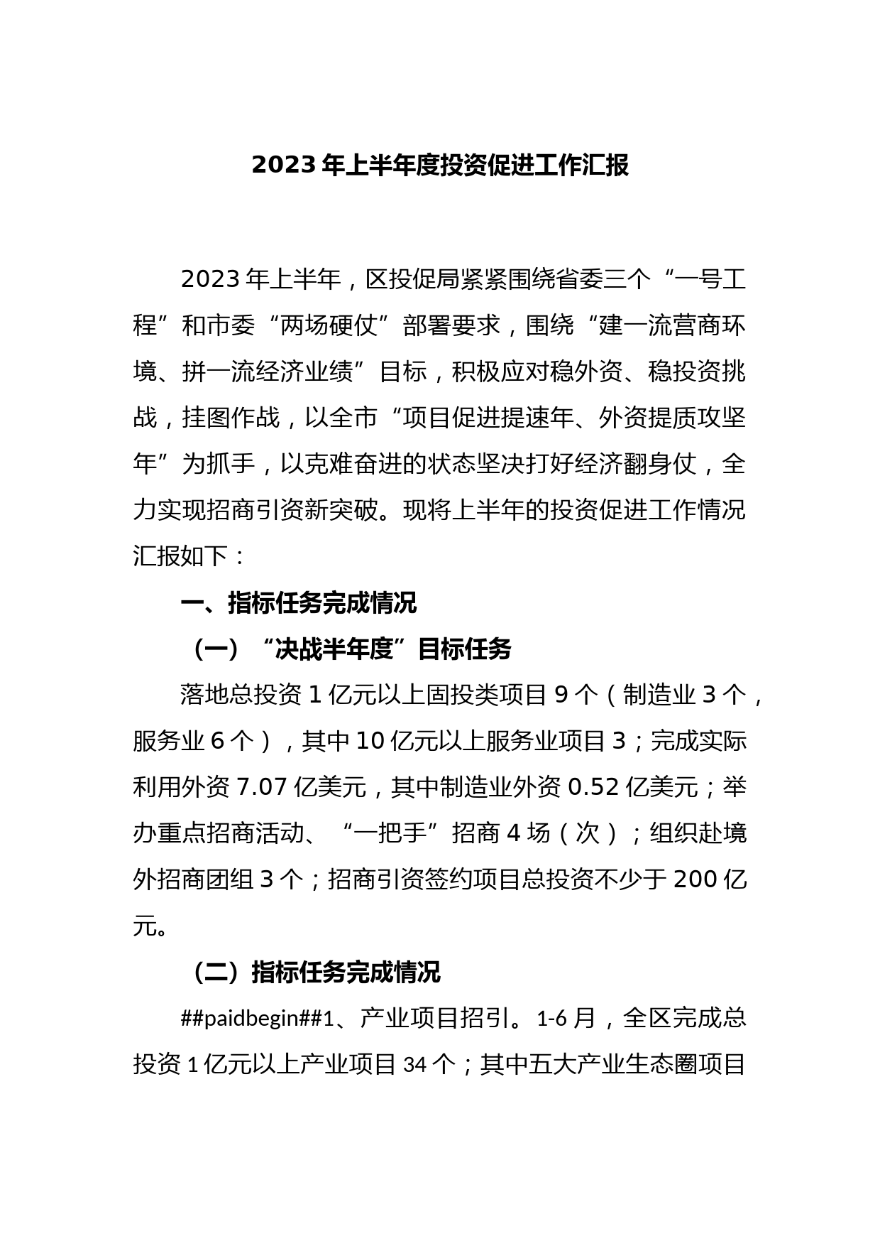 2023年上半年度投资促进工作汇报_第1页