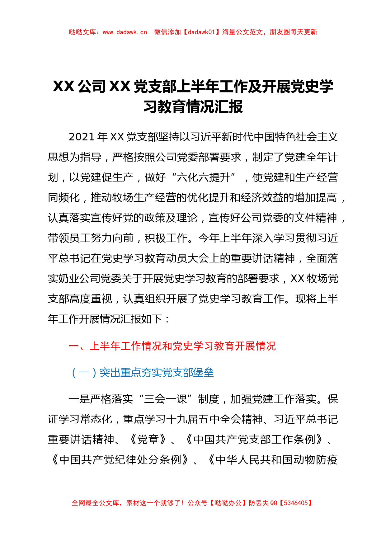 XX公司XX党支部上半年工作及开展党史学习教育情况汇报_第1页