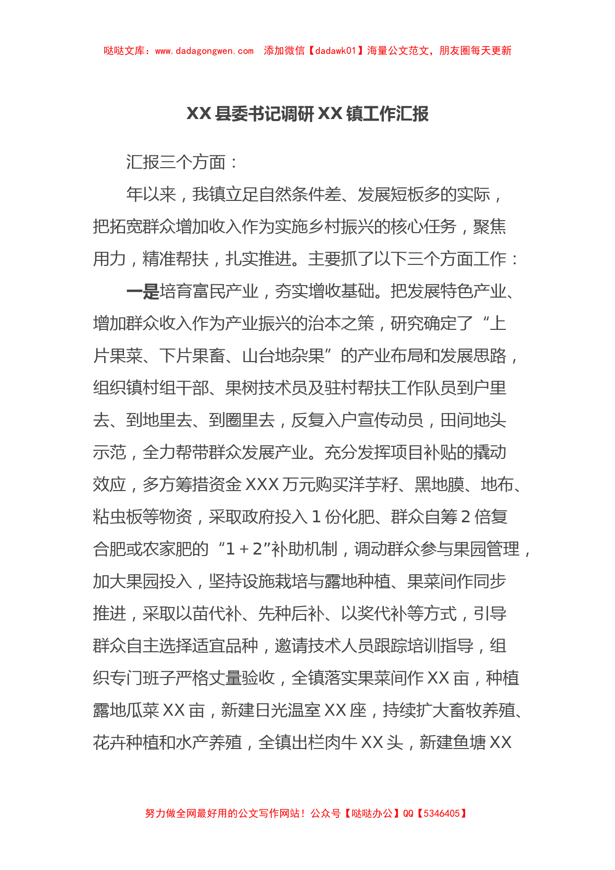 XX县委书记调研XX镇工作汇报_第1页