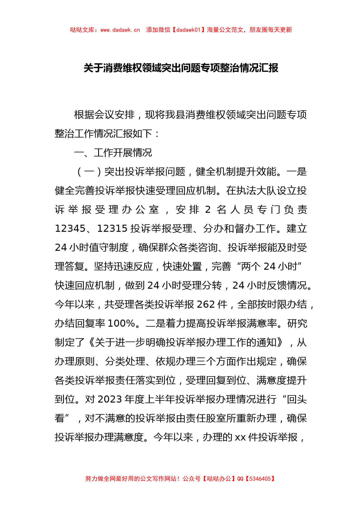 关于消费维权领域突出问题专项整治情况汇报_第1页