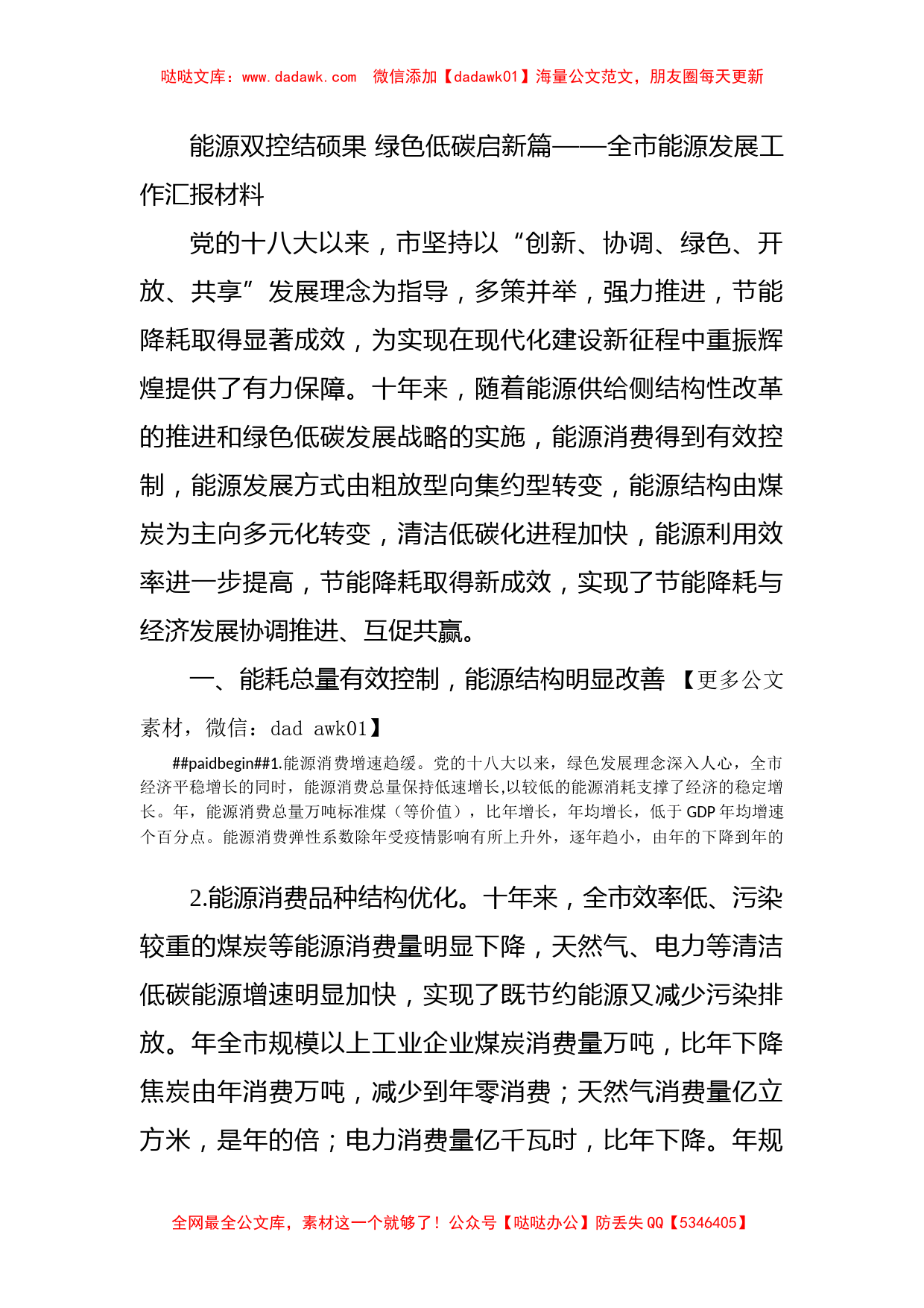 能源双控结硕果 绿色低碳启新篇——全市能源发展工作汇报材料_第1页