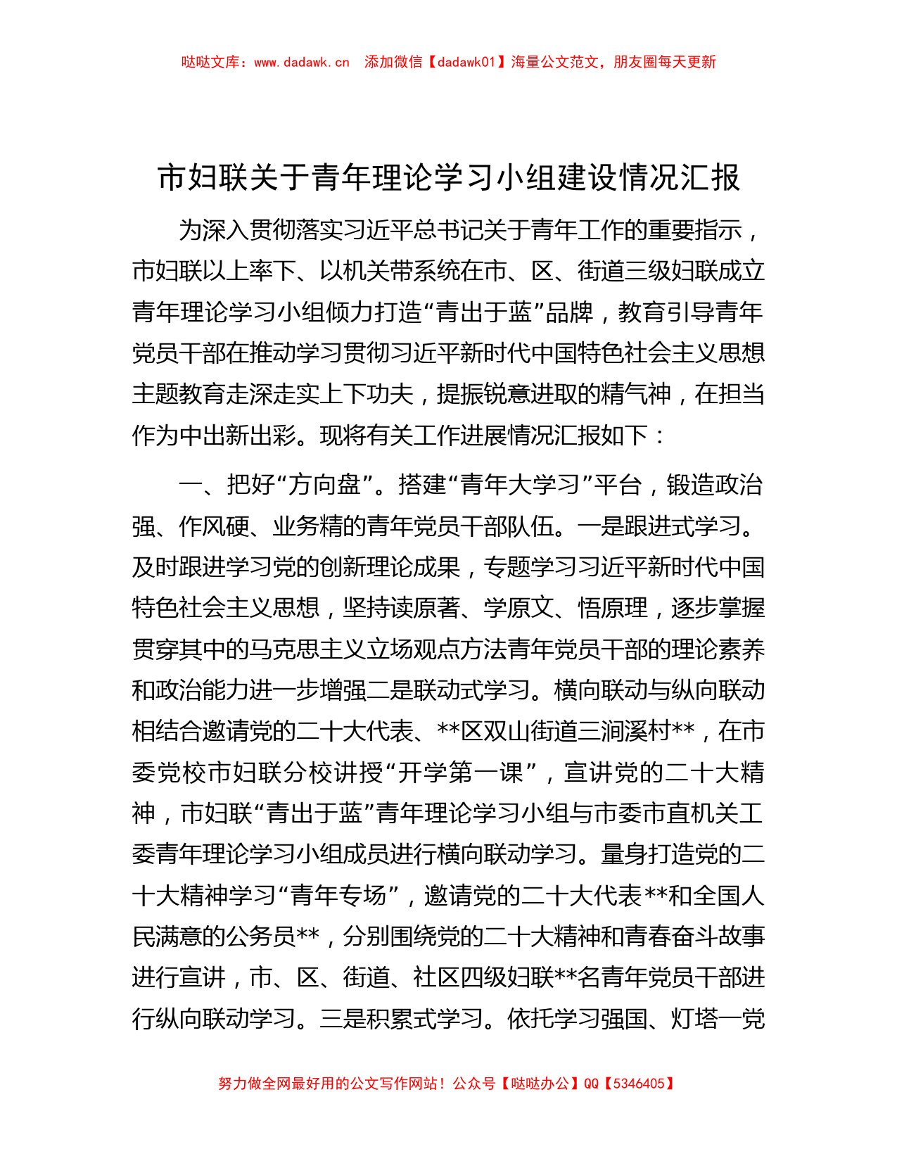 市妇联关于青年理论学习小组建设情况汇报_第1页