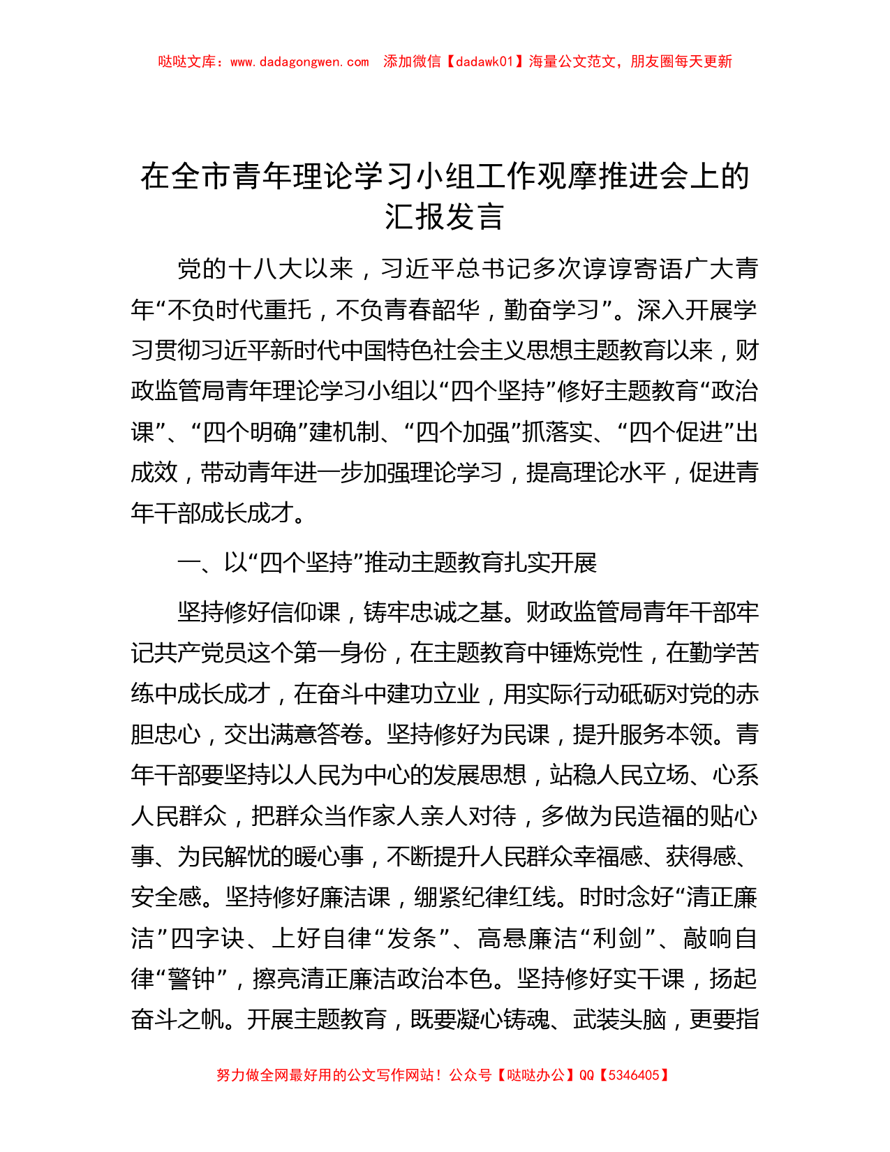 在全市青年理论学习小组工作观摩推进会上的汇报发言_第1页