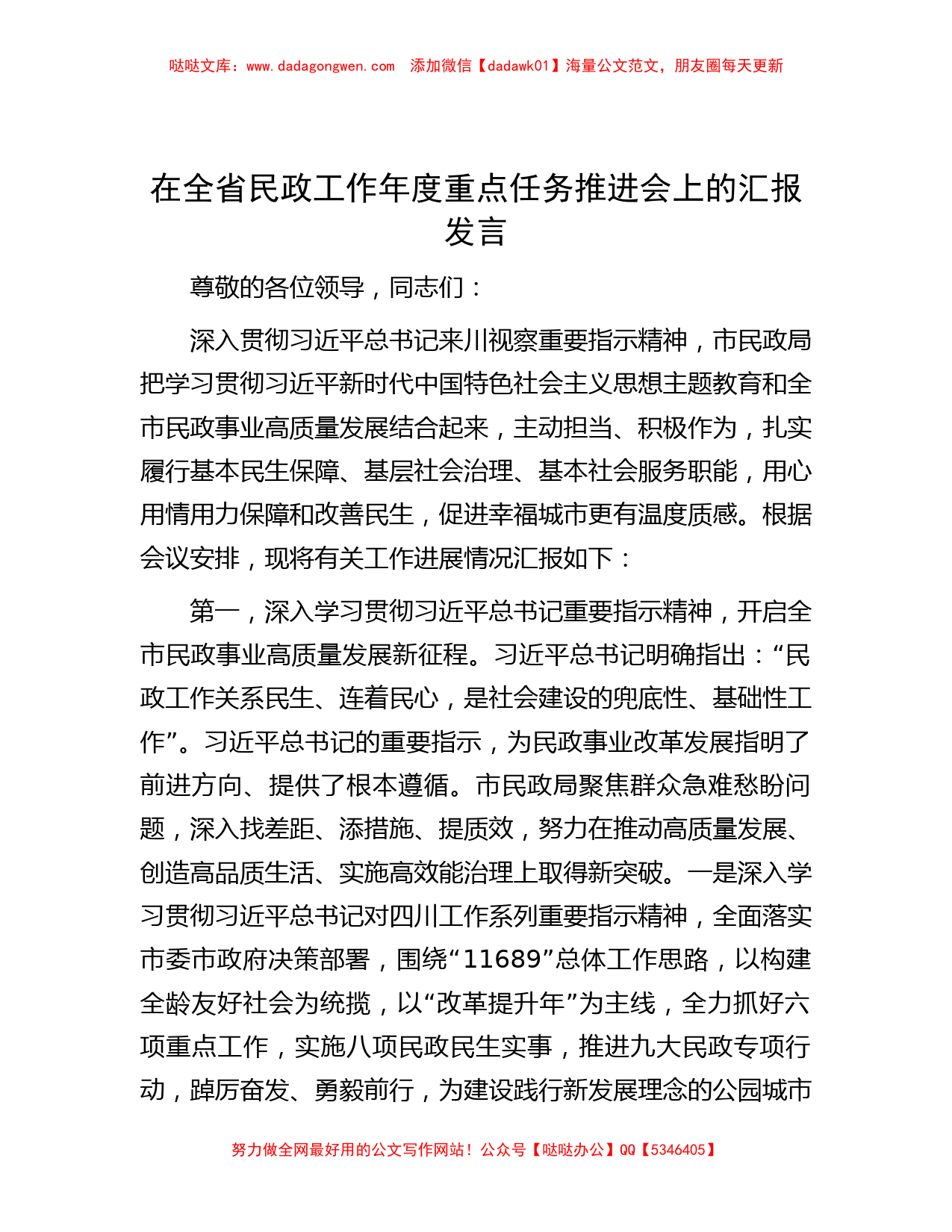 在全省民政工作年度重点任务推进会上的汇报发言_第1页