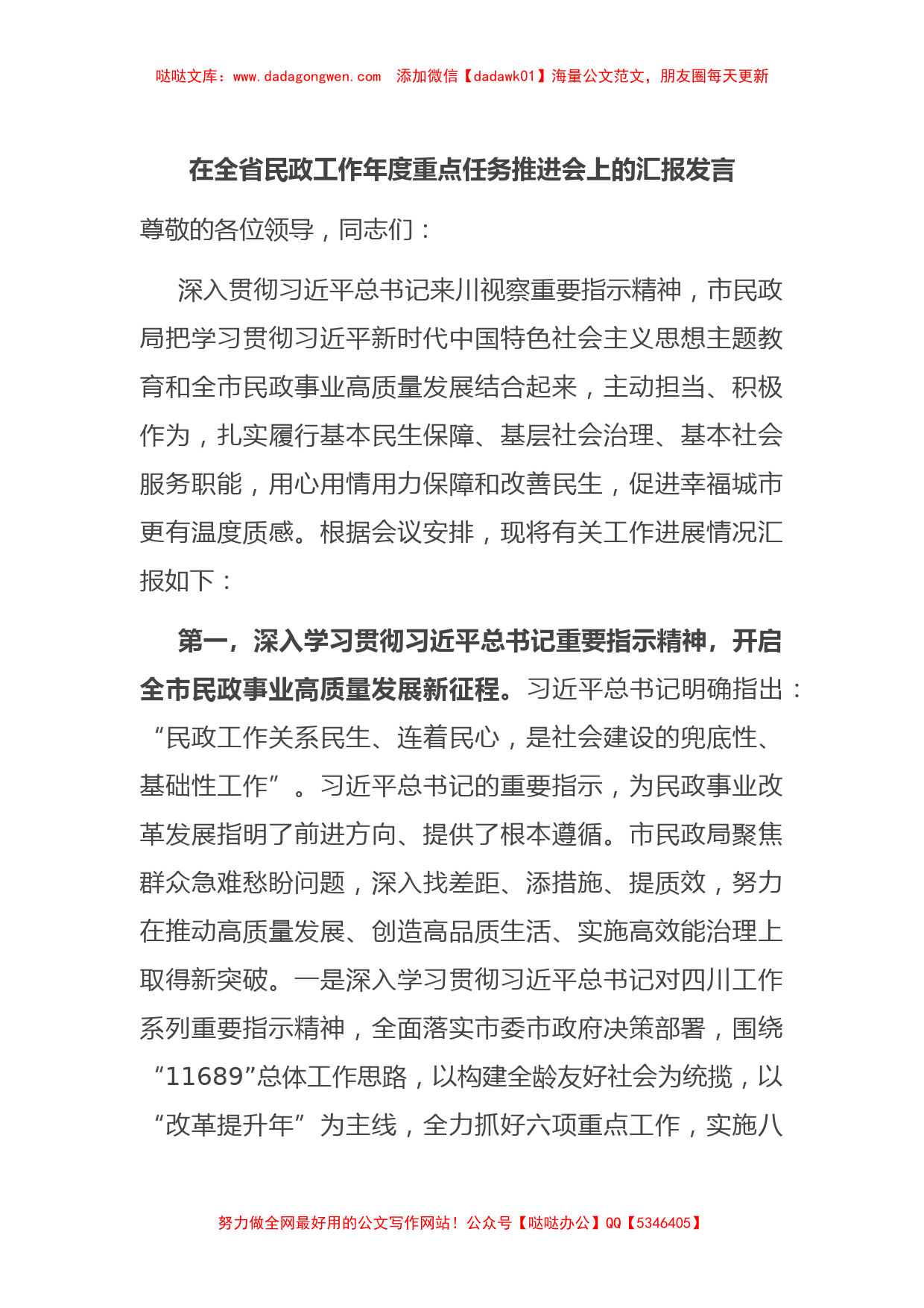 在全省民政工作年度重点任务推进会上的汇报发言【哒哒】_第1页