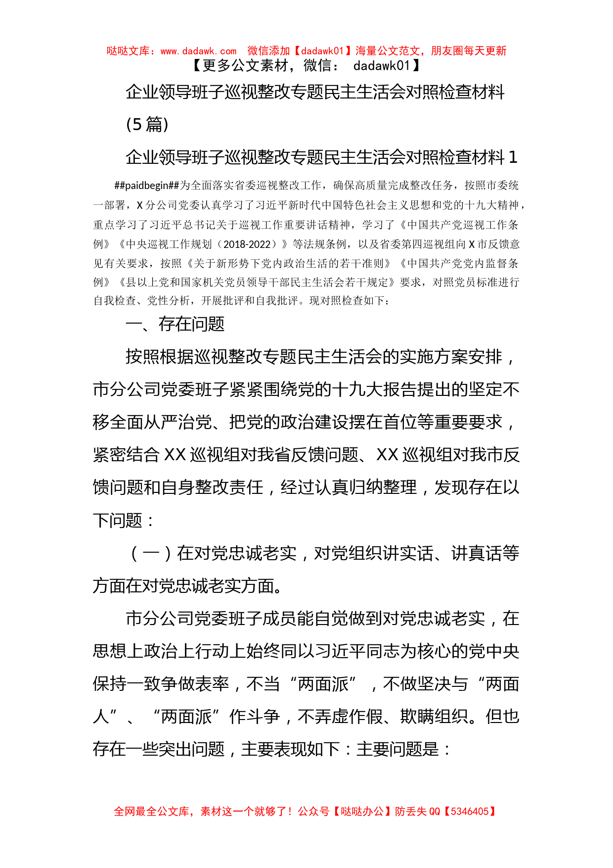 (5篇)企业领导班子巡视整改专题民主生活会对照检查材料_第1页